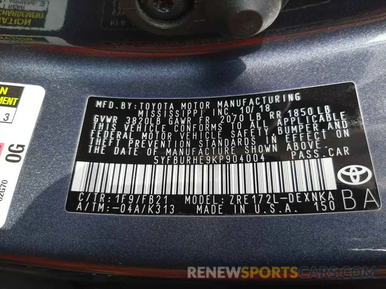 10 Photograph of a damaged car 5YFBURHE9KP904004 TOYOTA COROLLA 2019