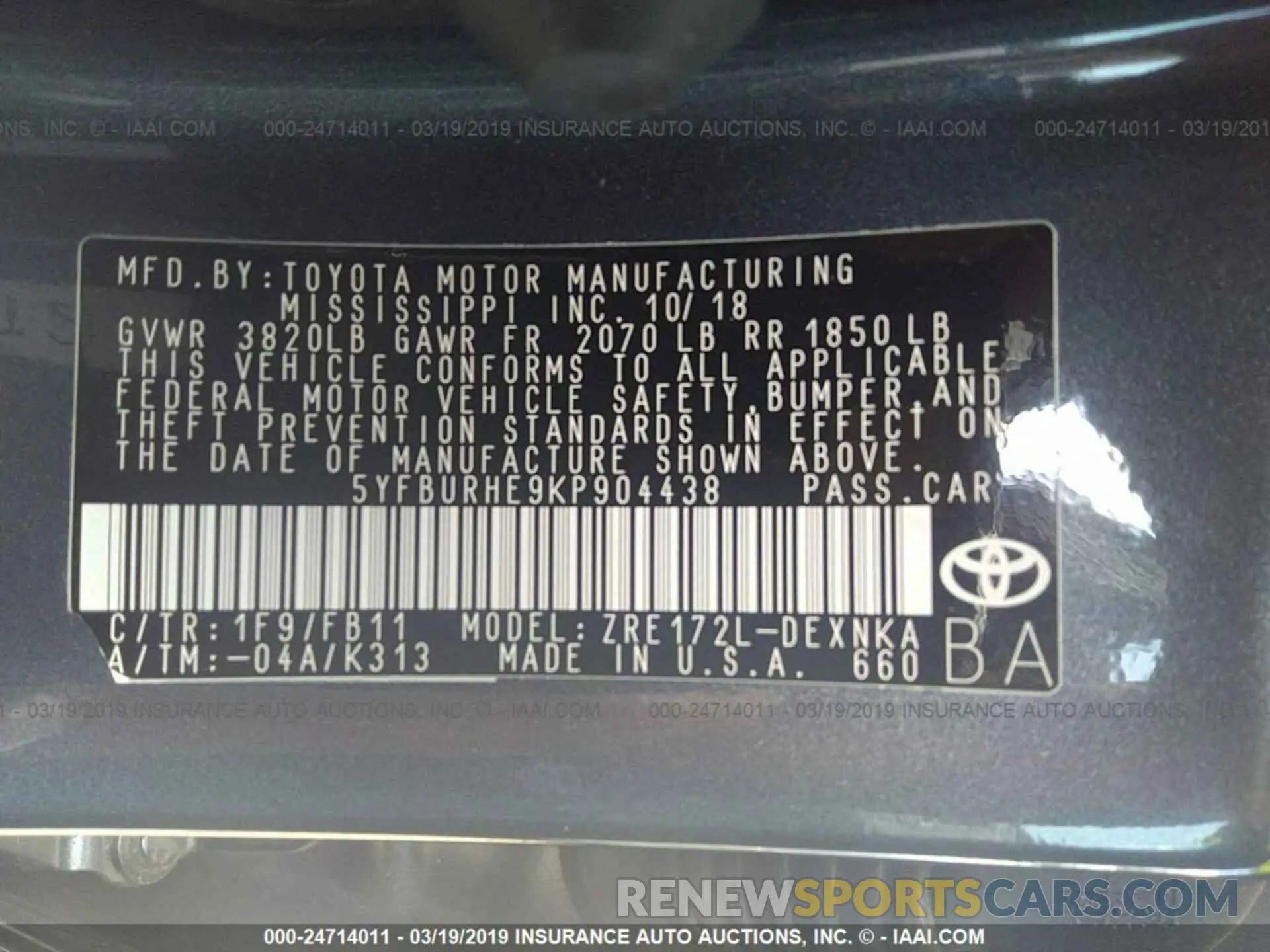 9 Photograph of a damaged car 5YFBURHE9KP904438 TOYOTA COROLLA 2019
