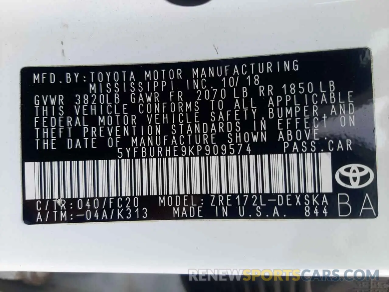 10 Photograph of a damaged car 5YFBURHE9KP909574 TOYOTA COROLLA 2019