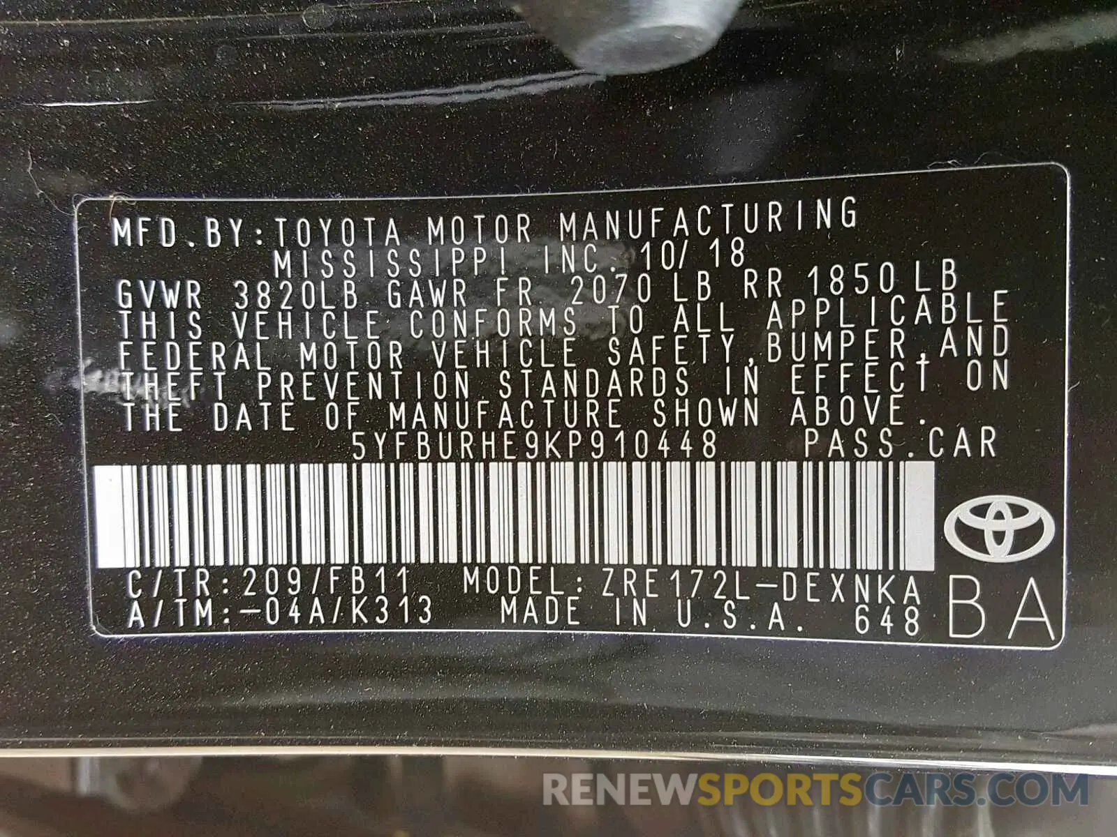 10 Photograph of a damaged car 5YFBURHE9KP910448 TOYOTA COROLLA 2019