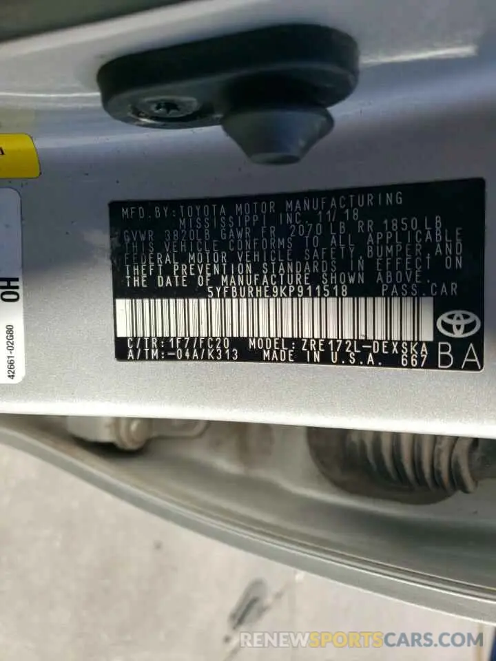 12 Фотография поврежденного автомобиля 5YFBURHE9KP911518 TOYOTA COROLLA 2019