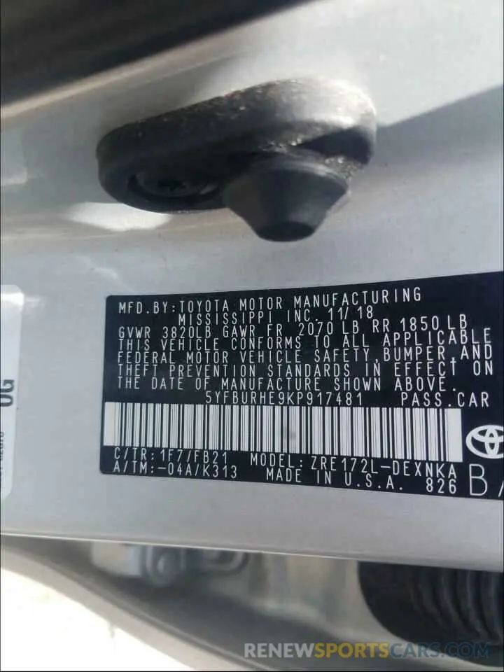 10 Photograph of a damaged car 5YFBURHE9KP917481 TOYOTA COROLLA 2019