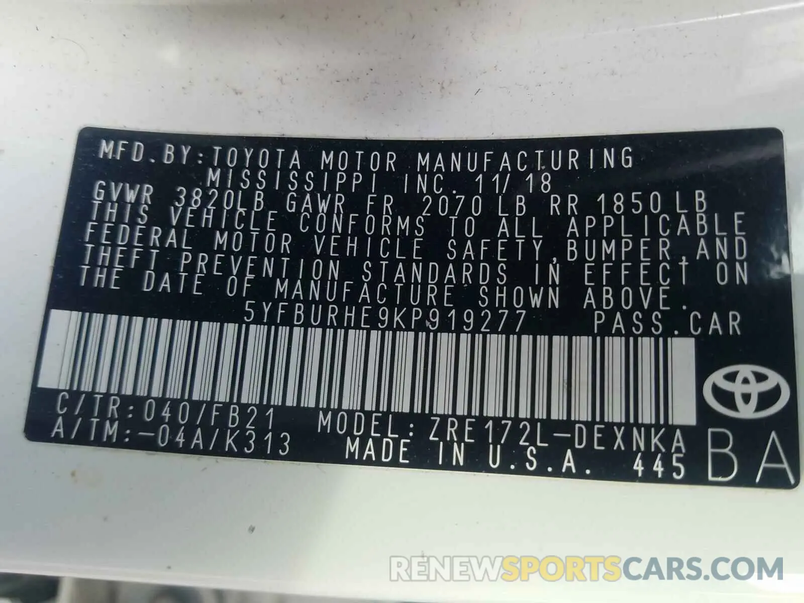 10 Photograph of a damaged car 5YFBURHE9KP919277 TOYOTA COROLLA 2019