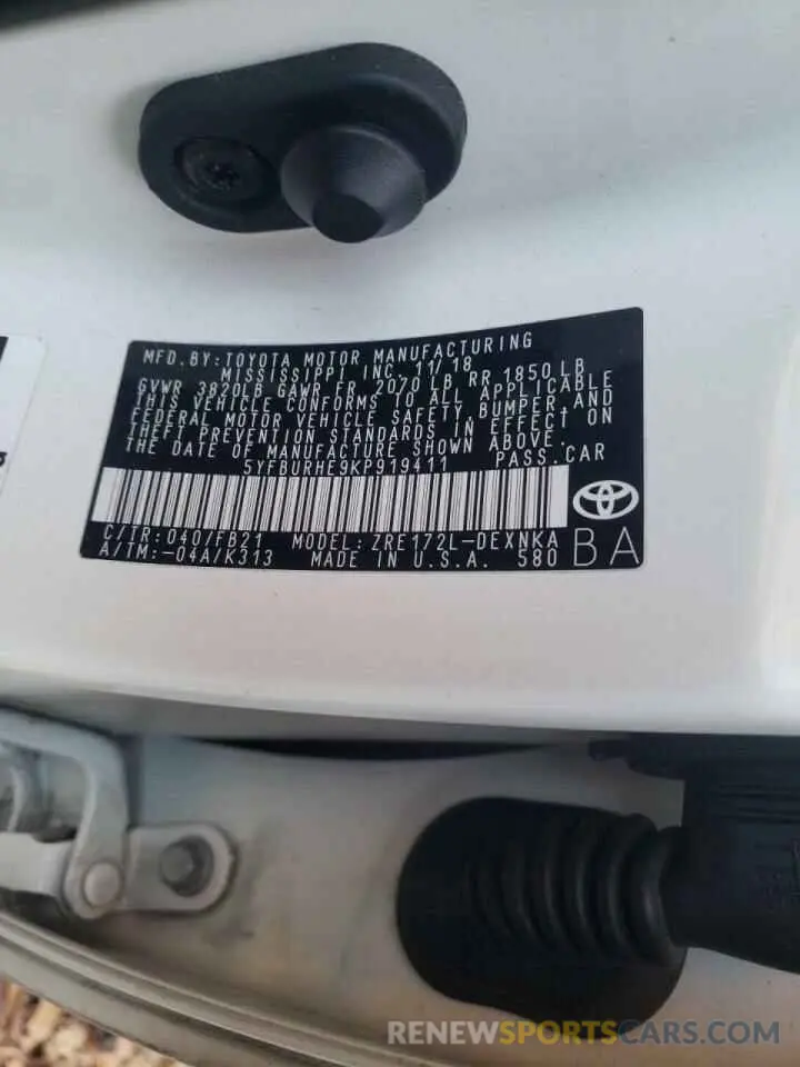 10 Фотография поврежденного автомобиля 5YFBURHE9KP919411 TOYOTA COROLLA 2019
