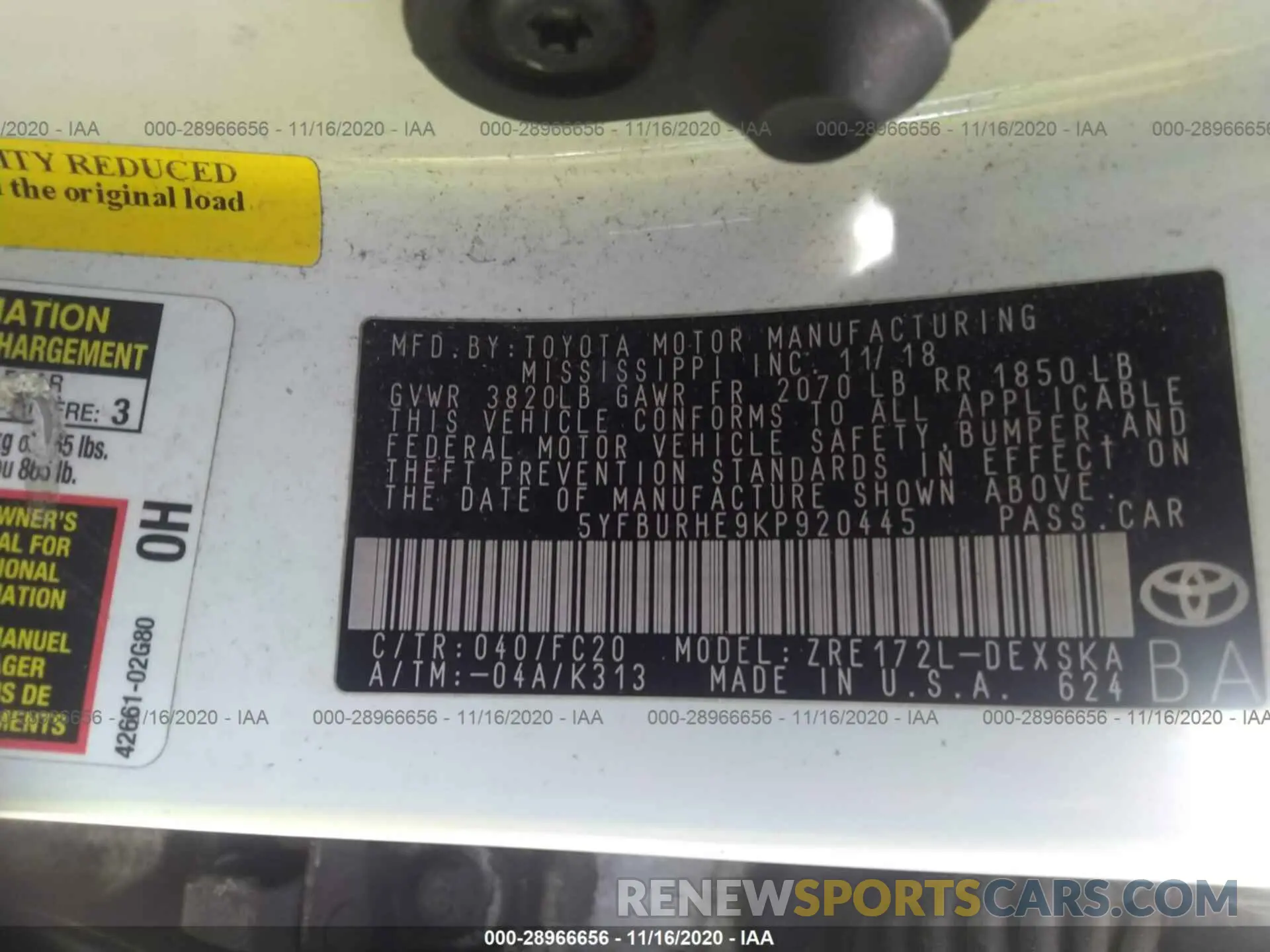 9 Photograph of a damaged car 5YFBURHE9KP920445 TOYOTA COROLLA 2019