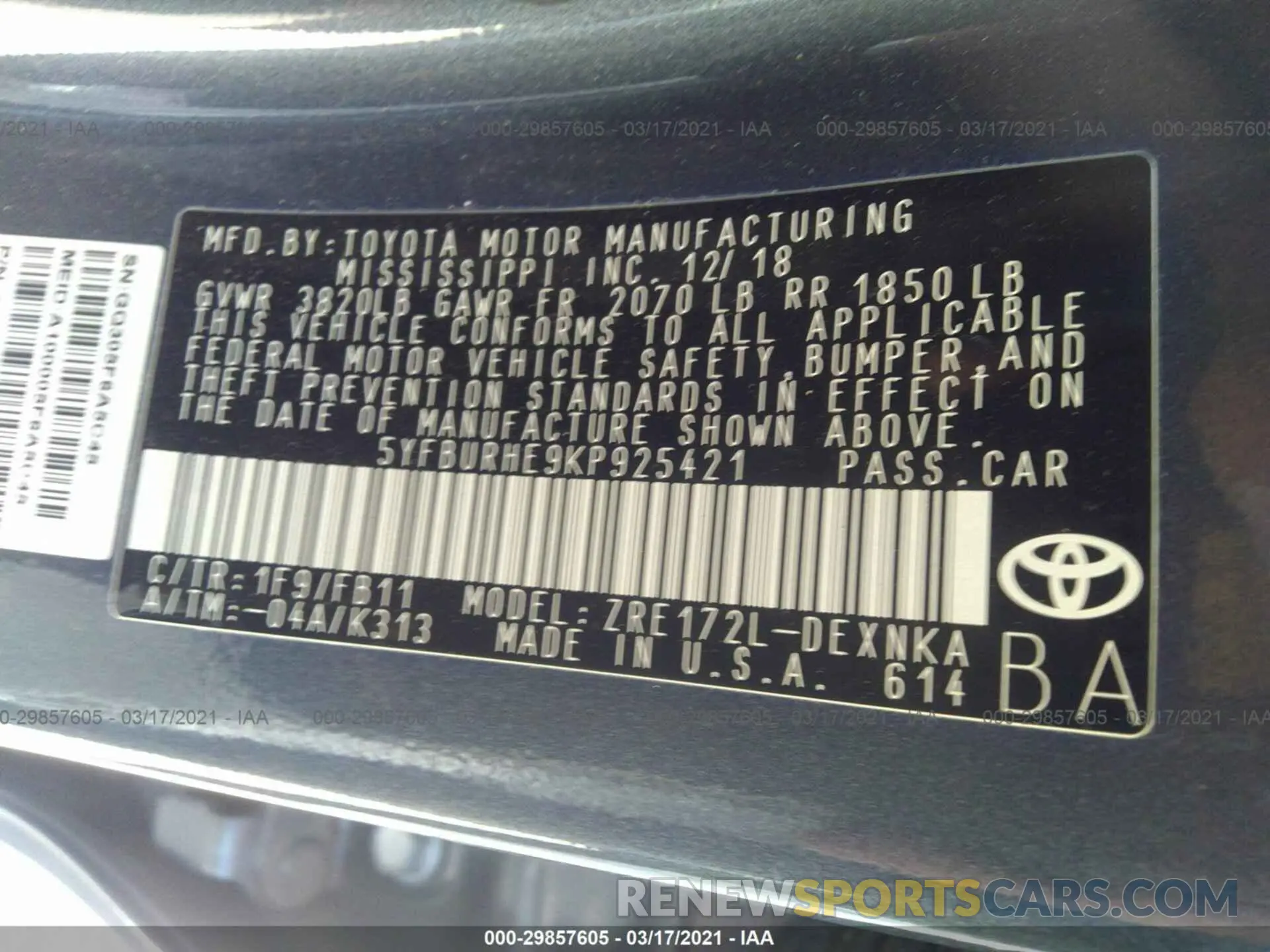 9 Photograph of a damaged car 5YFBURHE9KP925421 TOYOTA COROLLA 2019