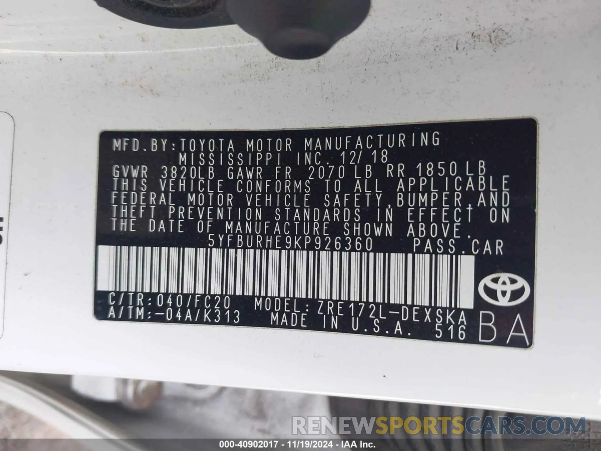9 Фотография поврежденного автомобиля 5YFBURHE9KP926360 TOYOTA COROLLA 2019