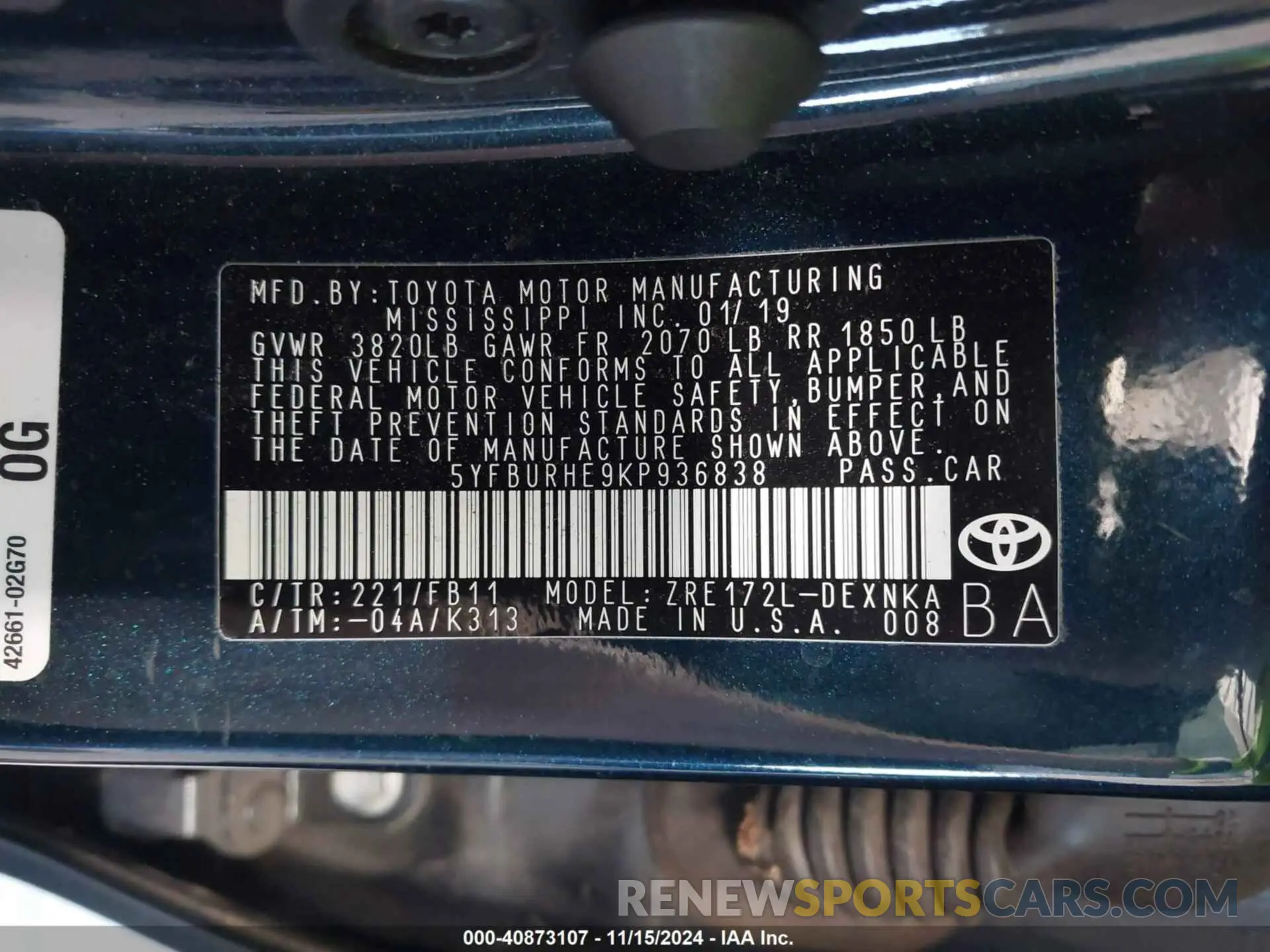 9 Фотография поврежденного автомобиля 5YFBURHE9KP936838 TOYOTA COROLLA 2019