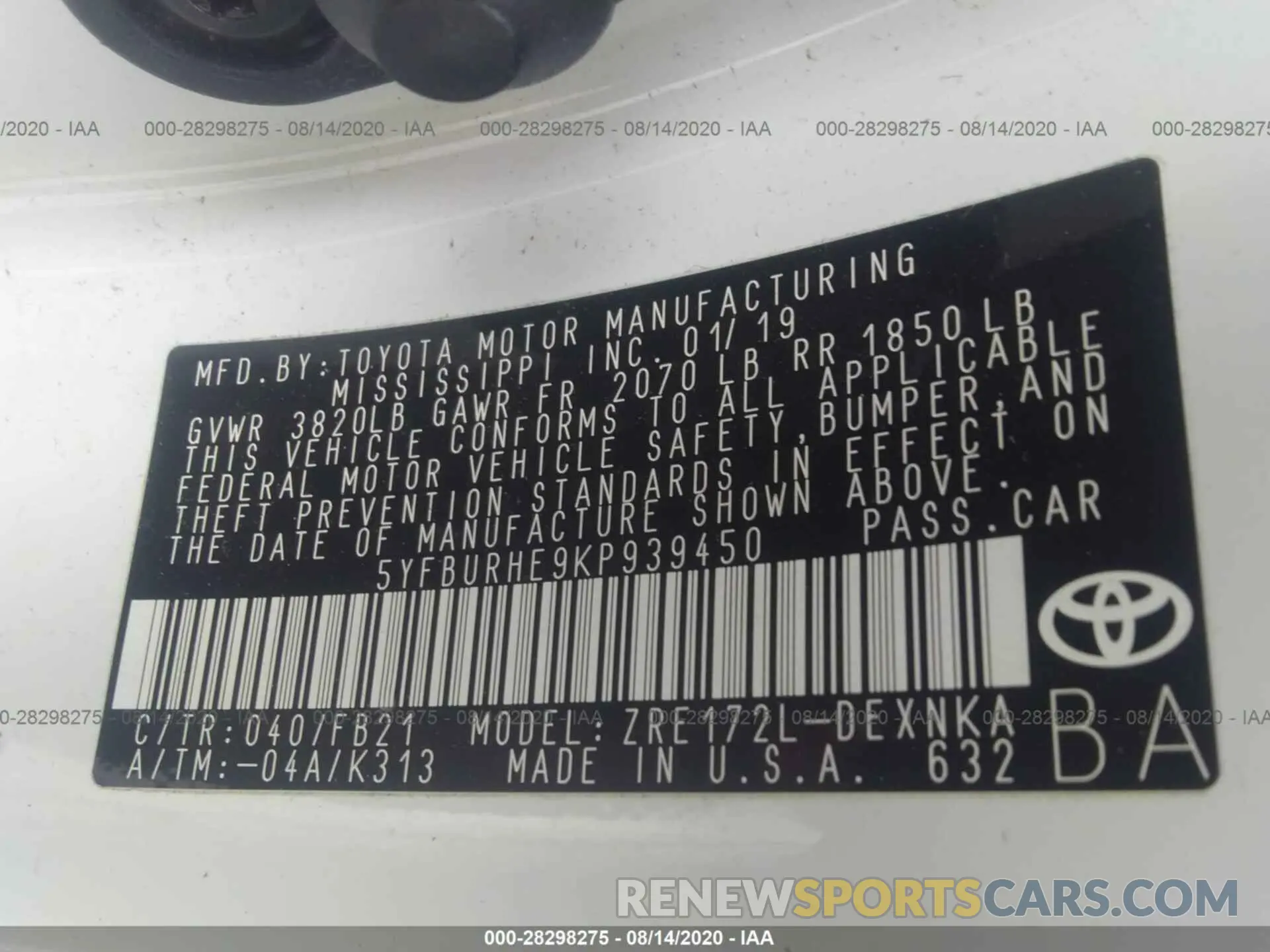 9 Photograph of a damaged car 5YFBURHE9KP939450 TOYOTA COROLLA 2019