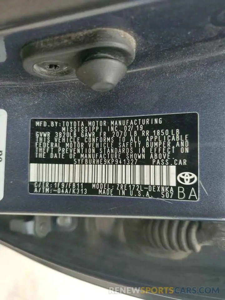12 Фотография поврежденного автомобиля 5YFBURHE9KP941327 TOYOTA COROLLA 2019
