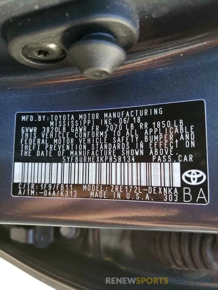 10 Photograph of a damaged car 5YFBURHEXKP858134 TOYOTA COROLLA 2019