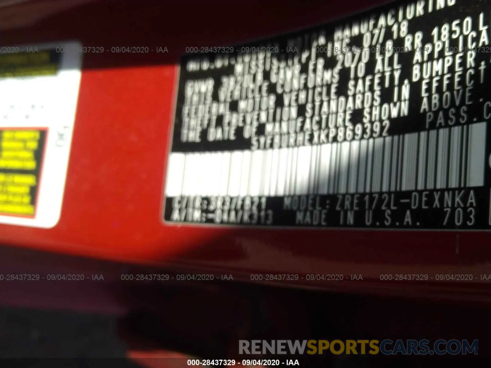 9 Photograph of a damaged car 5YFBURHEXKP869392 TOYOTA COROLLA 2019