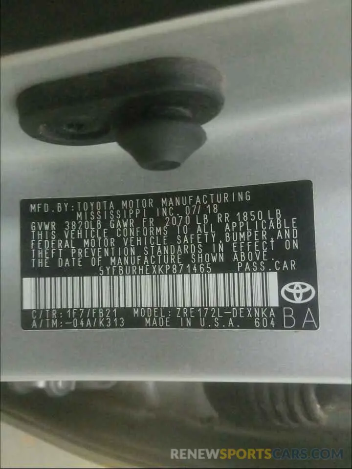 10 Photograph of a damaged car 5YFBURHEXKP871465 TOYOTA COROLLA 2019