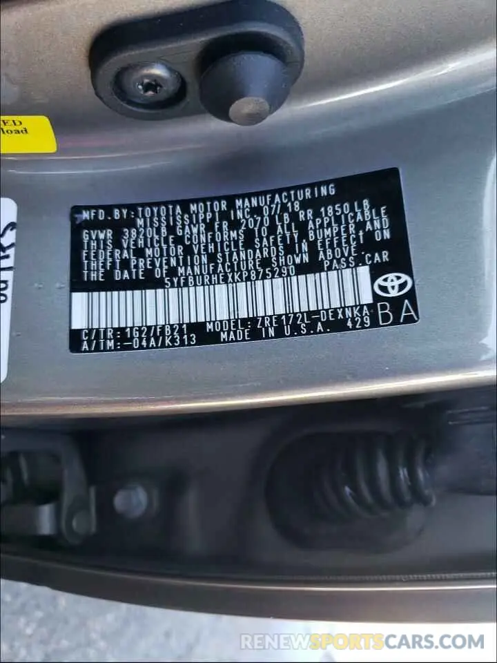 10 Photograph of a damaged car 5YFBURHEXKP875290 TOYOTA COROLLA 2019