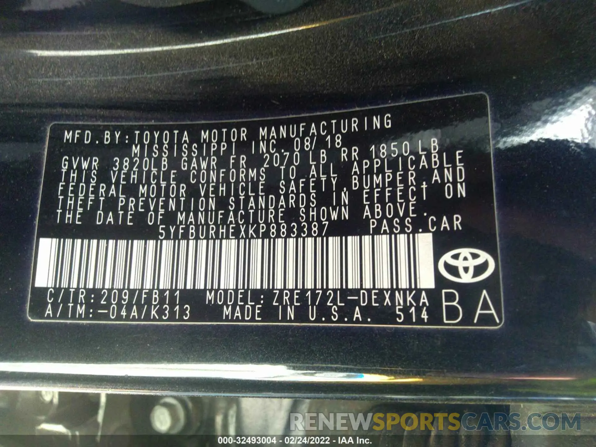 9 Фотография поврежденного автомобиля 5YFBURHEXKP883387 TOYOTA COROLLA 2019