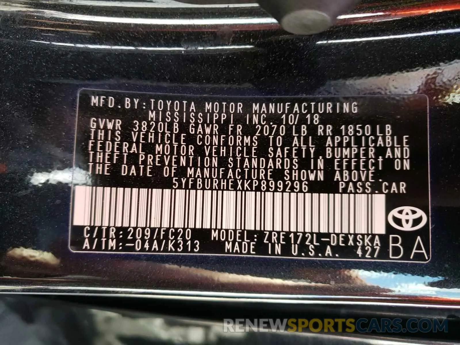 10 Photograph of a damaged car 5YFBURHEXKP899296 TOYOTA COROLLA 2019