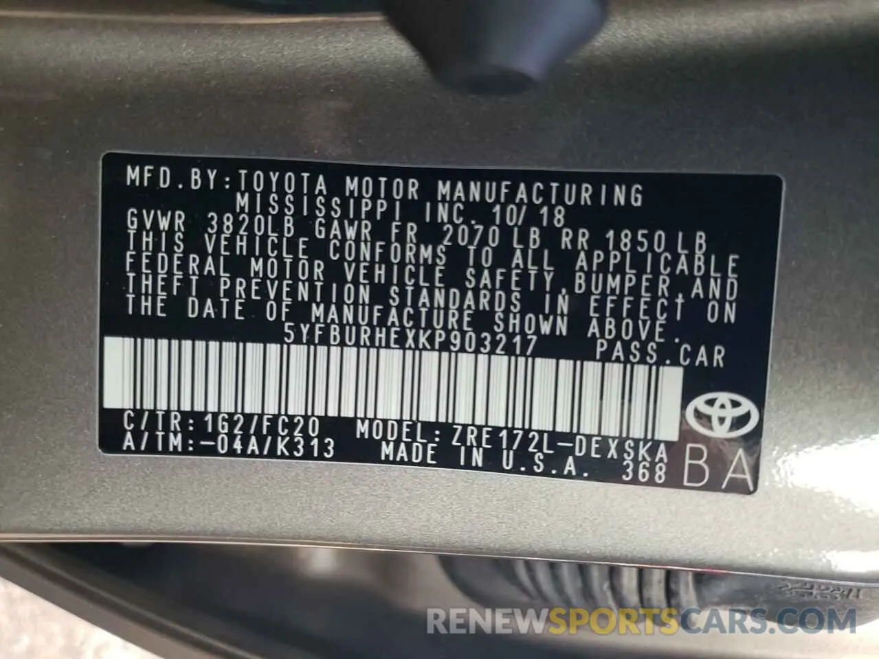 12 Фотография поврежденного автомобиля 5YFBURHEXKP903217 TOYOTA COROLLA 2019