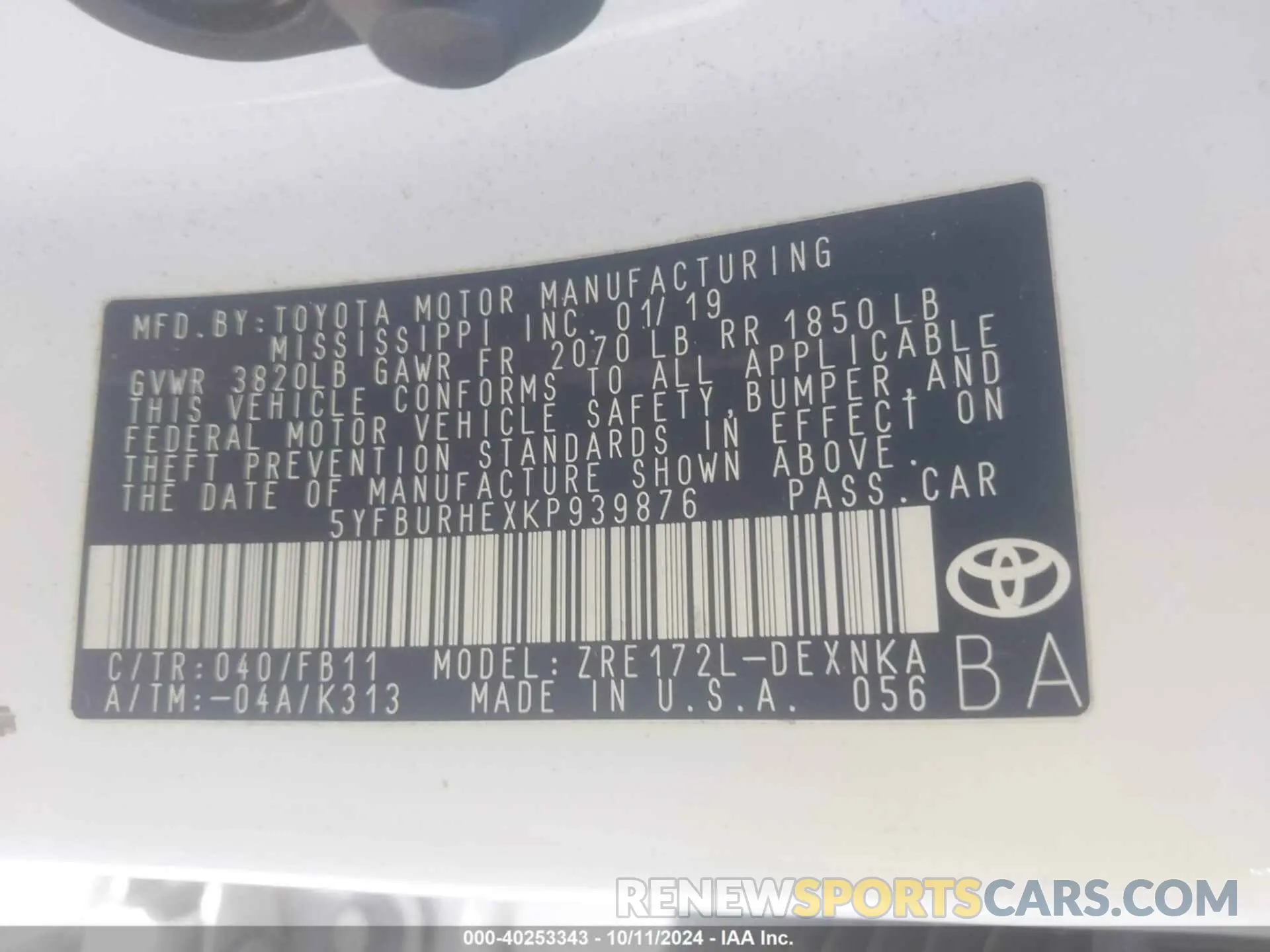 9 Photograph of a damaged car 5YFBURHEXKP939876 TOYOTA COROLLA 2019