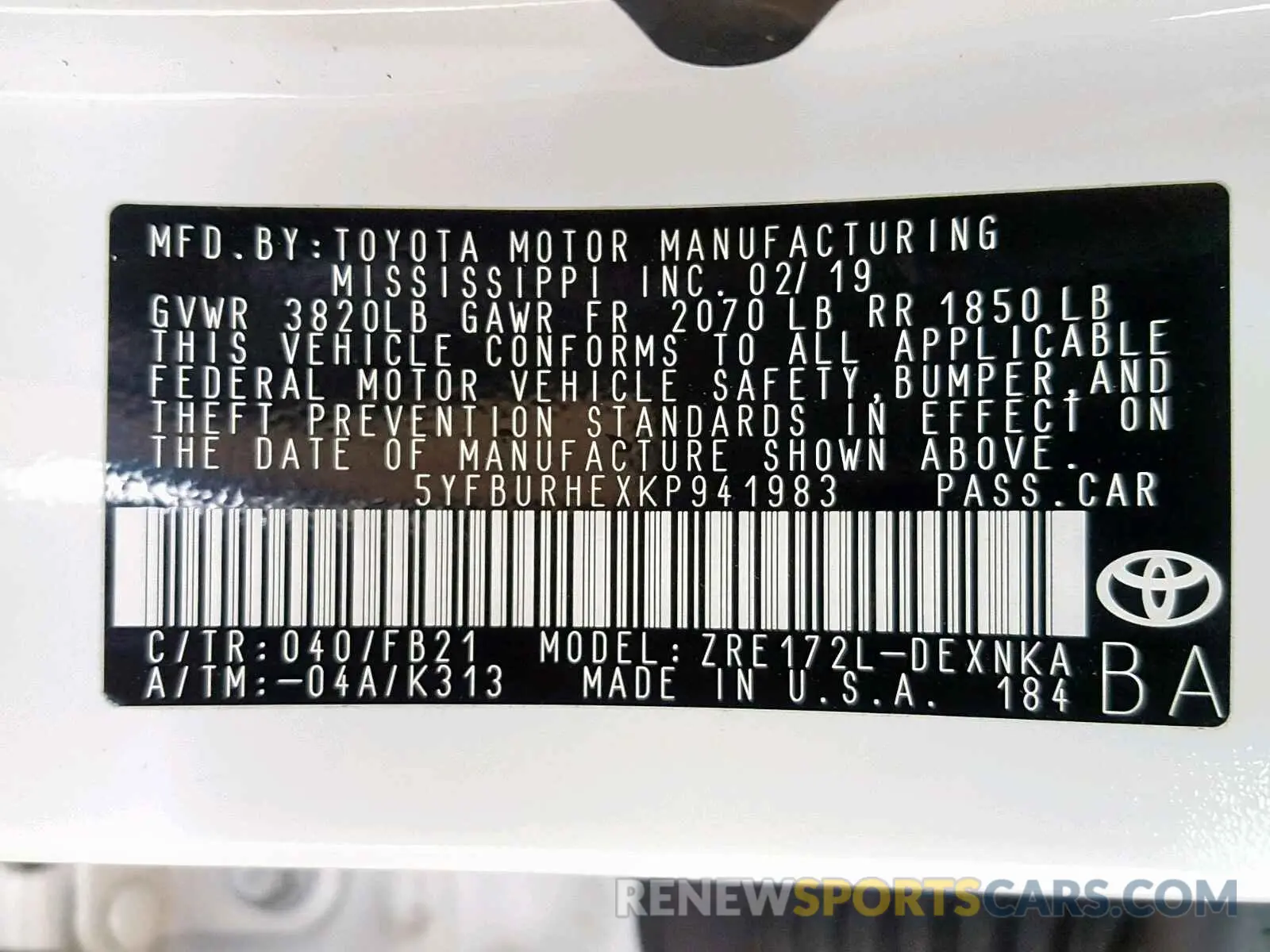 10 Photograph of a damaged car 5YFBURHEXKP941983 TOYOTA COROLLA 2019