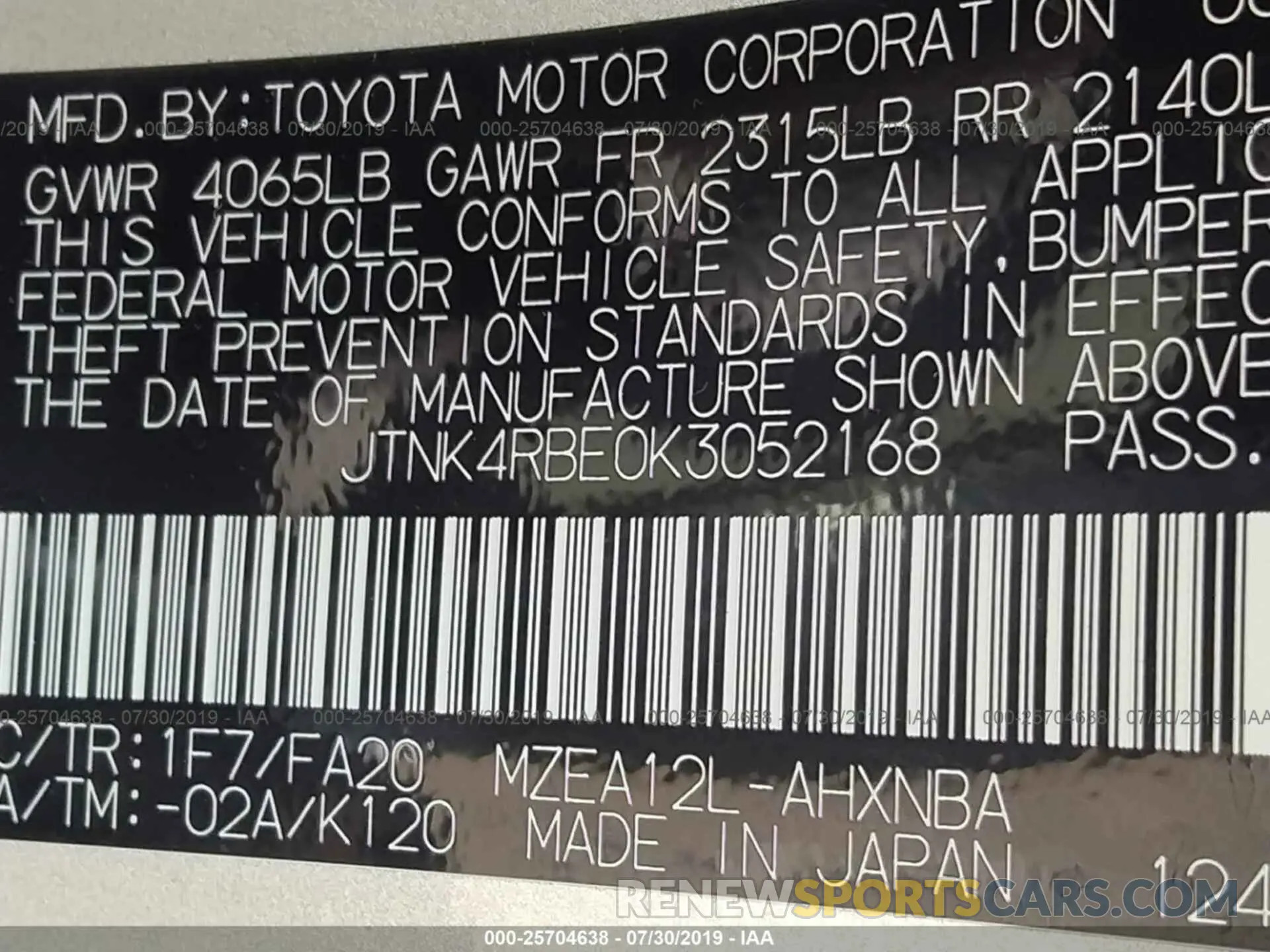 9 Photograph of a damaged car JTNK4RBE0K3052168 TOYOTA COROLLA 2019