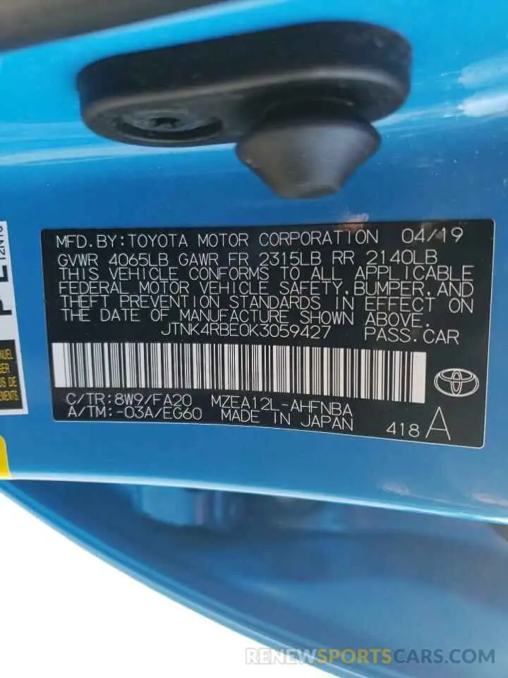 13 Фотография поврежденного автомобиля JTNK4RBE0K3059427 TOYOTA COROLLA 2019