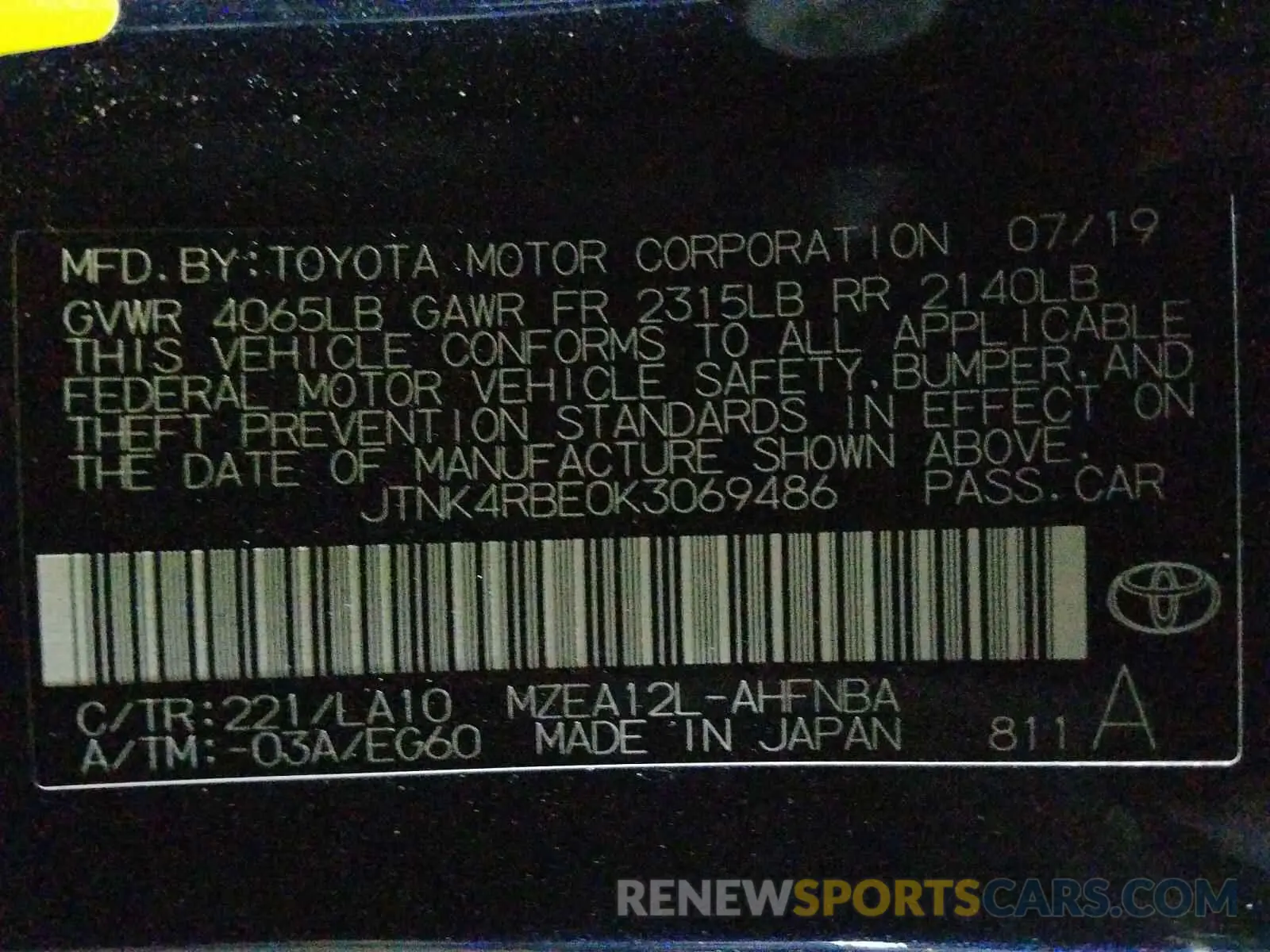 10 Photograph of a damaged car JTNK4RBE0K3069486 TOYOTA COROLLA 2019