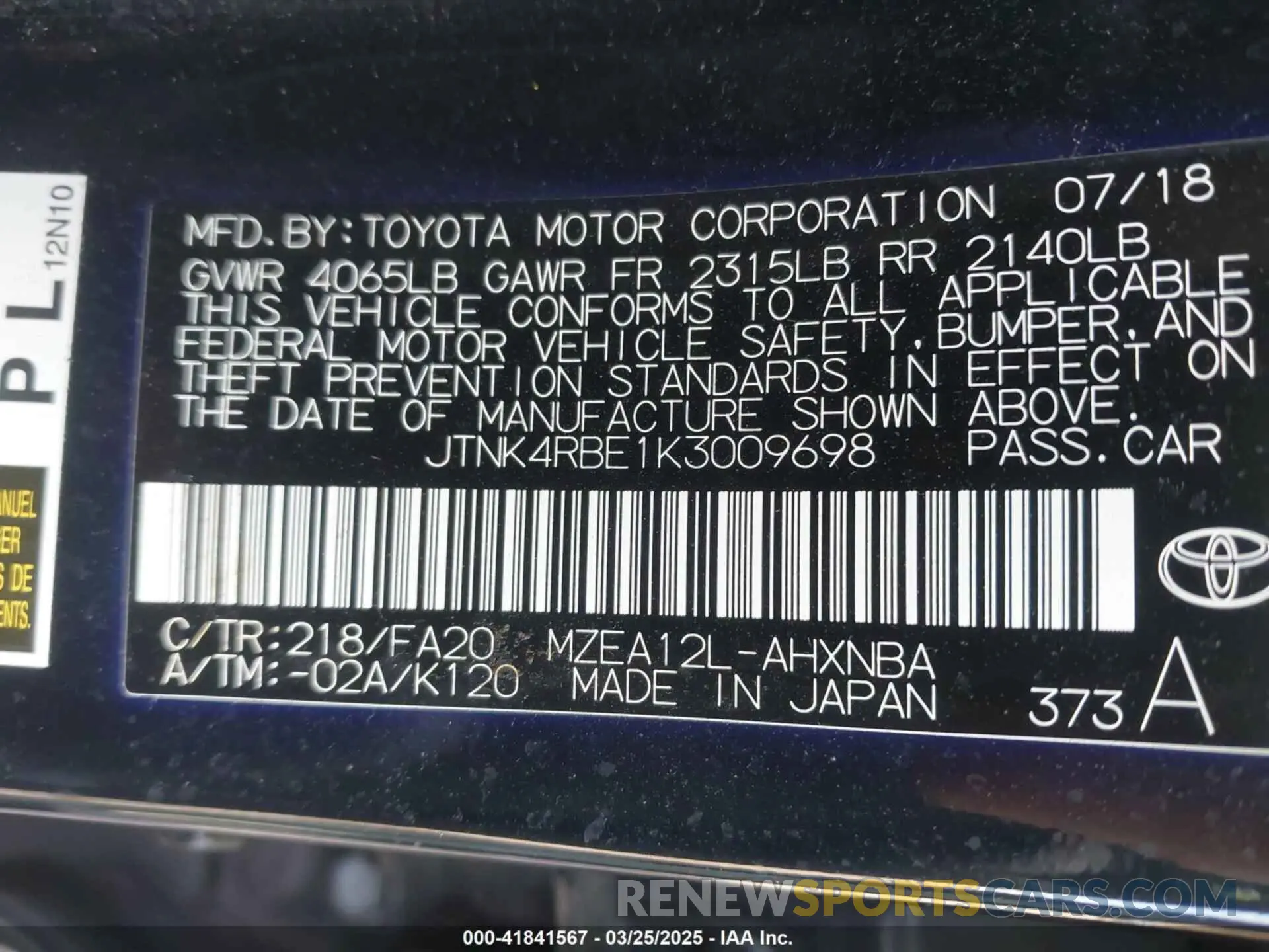 9 Фотография поврежденного автомобиля JTNK4RBE1K3009698 TOYOTA COROLLA 2019