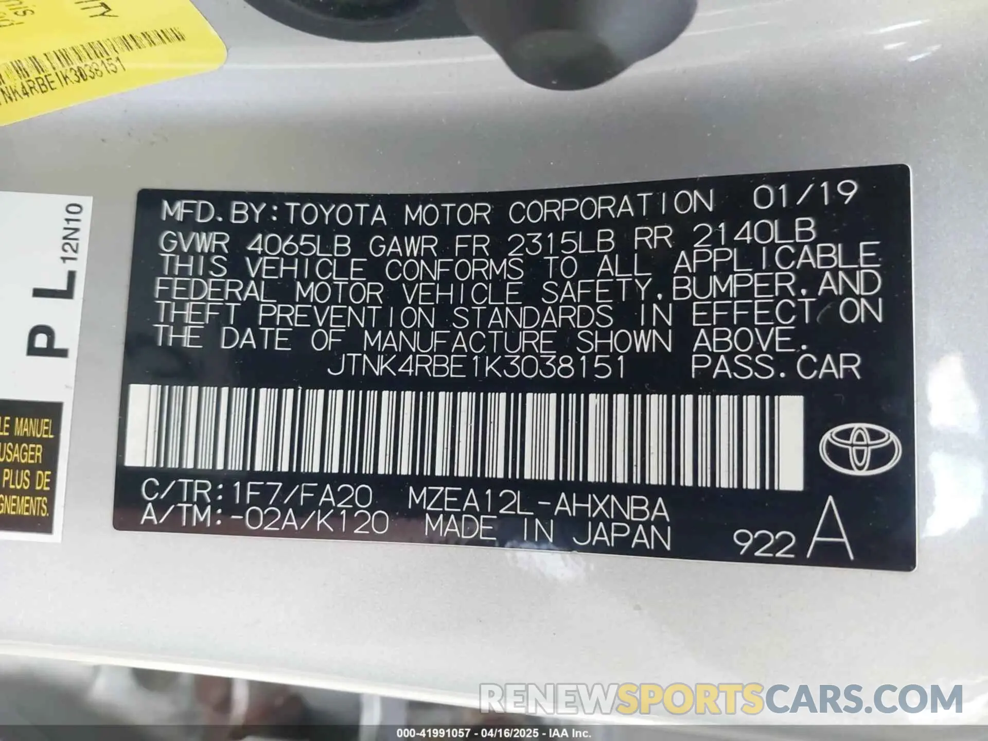 9 Фотография поврежденного автомобиля JTNK4RBE1K3038151 TOYOTA COROLLA 2019