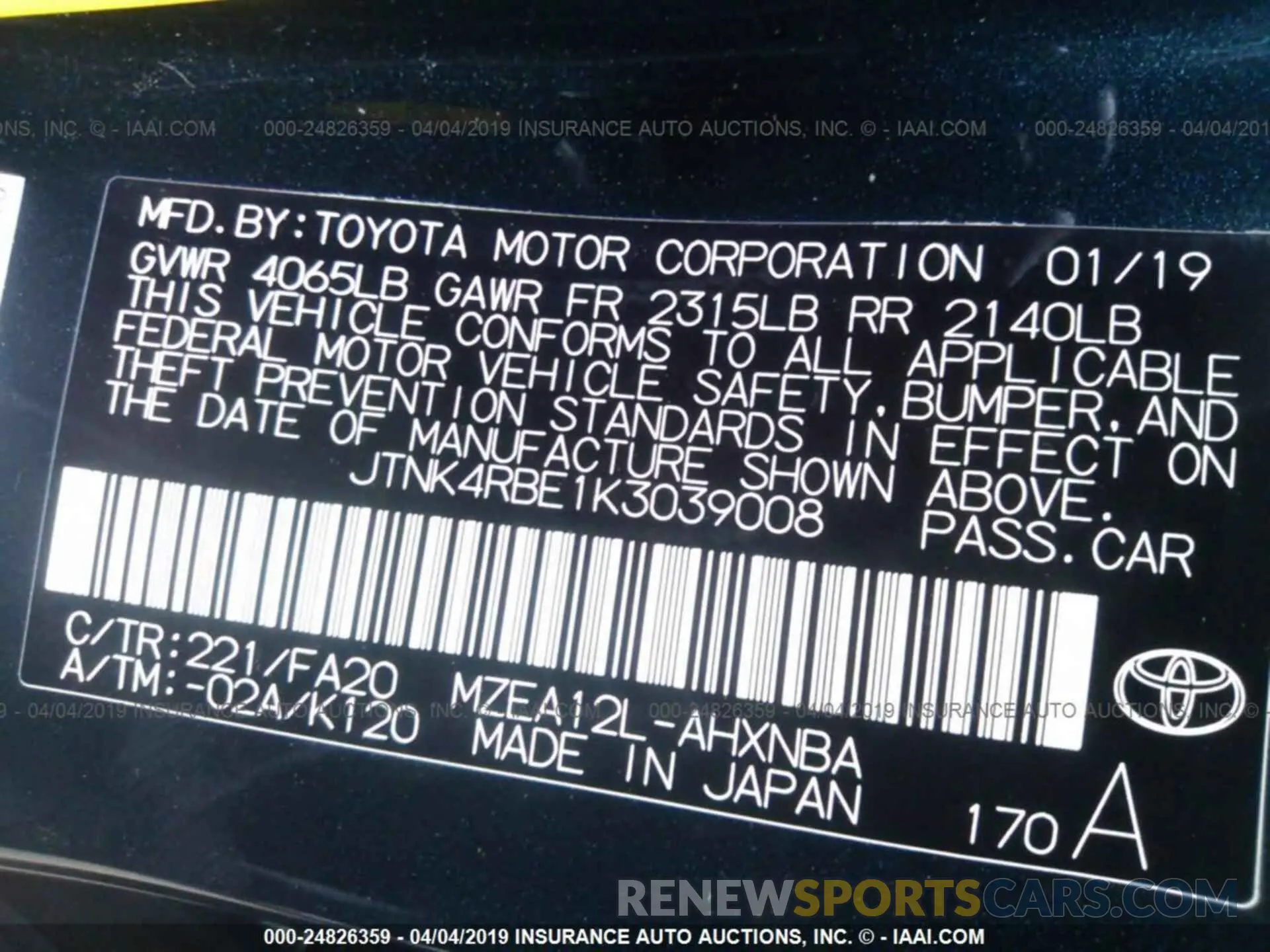 9 Photograph of a damaged car JTNK4RBE1K3039008 TOYOTA COROLLA 2019