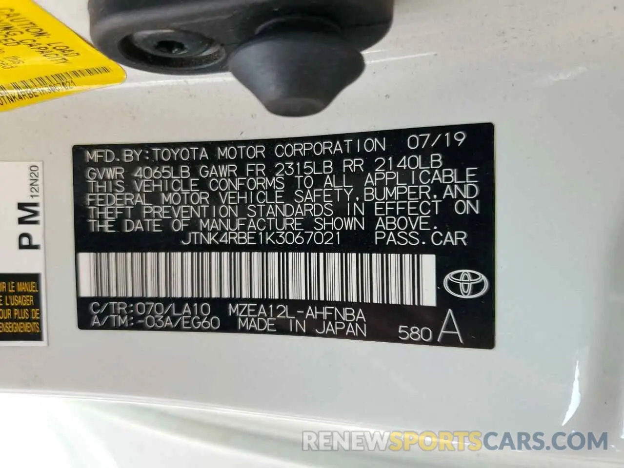 13 Photograph of a damaged car JTNK4RBE1K3067021 TOYOTA COROLLA 2019