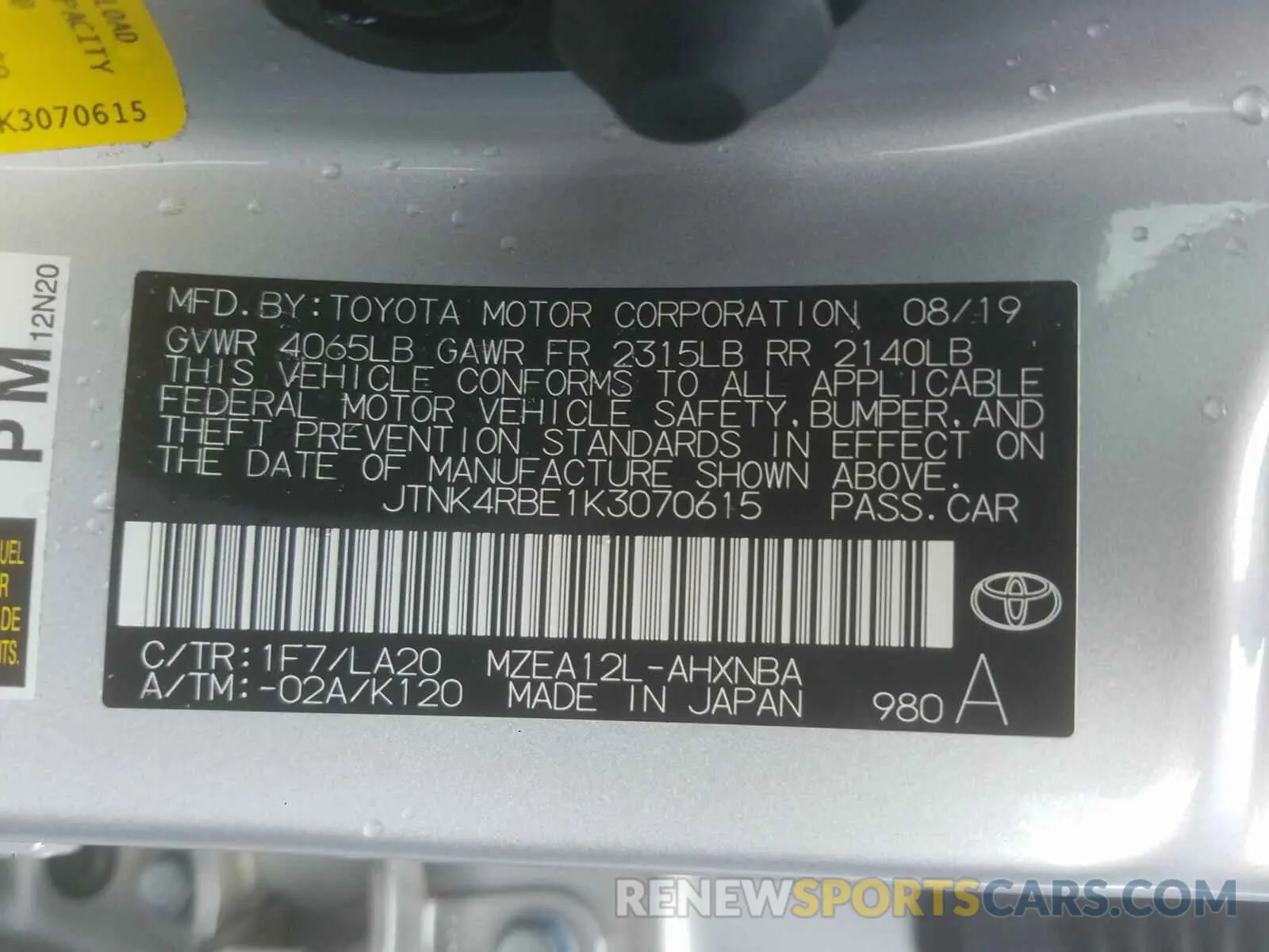 10 Photograph of a damaged car JTNK4RBE1K3070615 TOYOTA COROLLA 2019