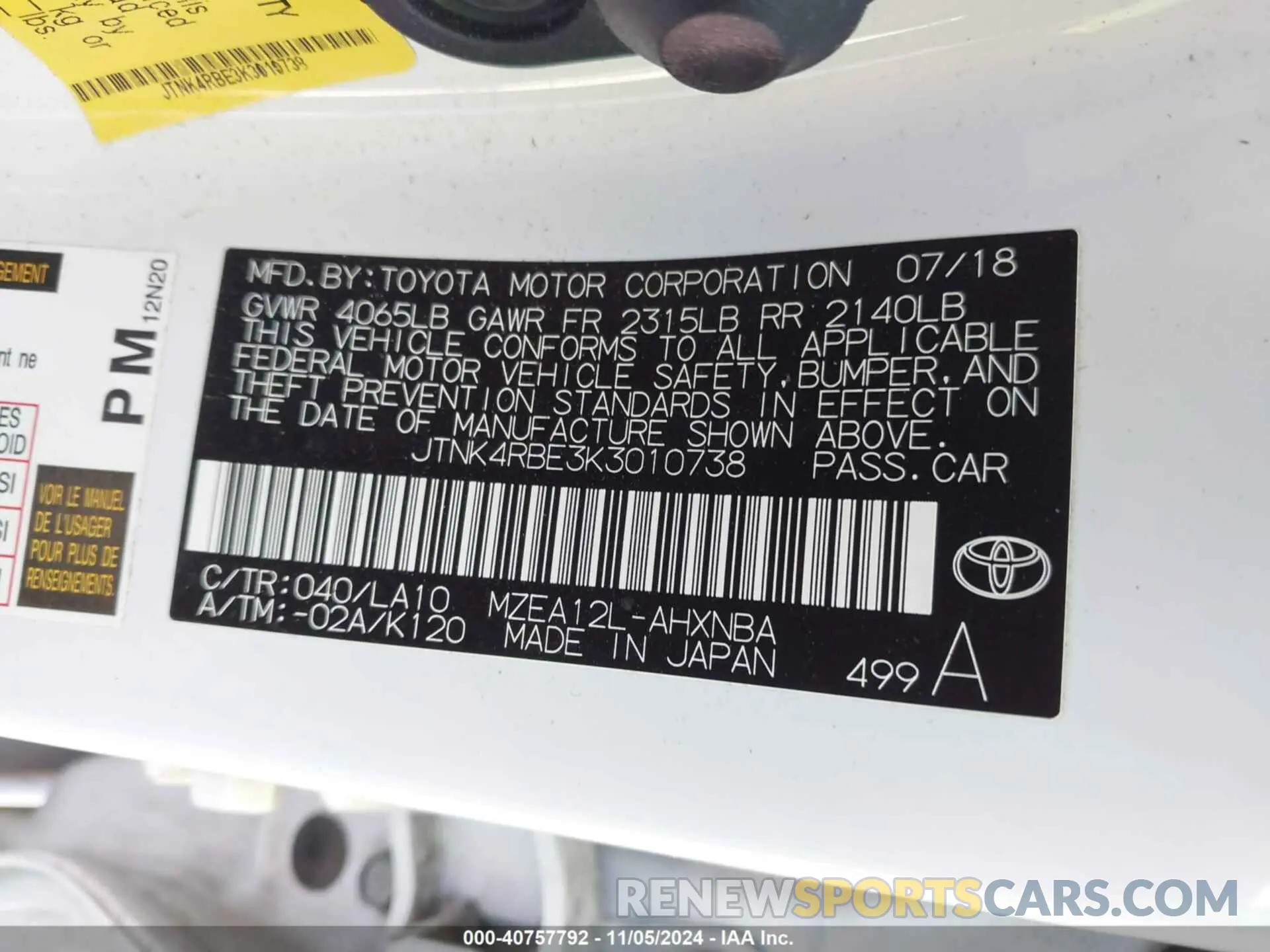 9 Фотография поврежденного автомобиля JTNK4RBE3K3010738 TOYOTA COROLLA 2019