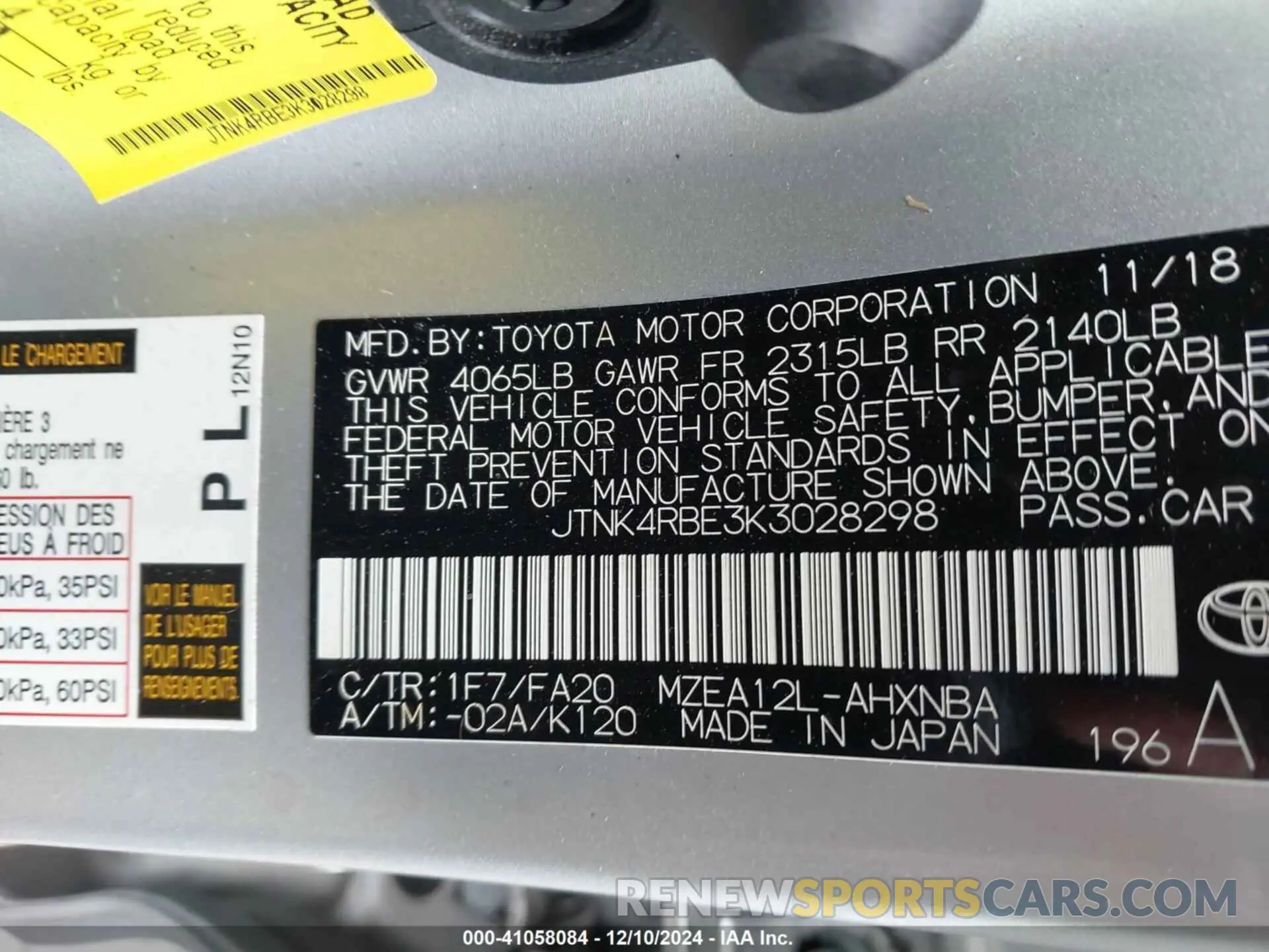 9 Photograph of a damaged car JTNK4RBE3K3028298 TOYOTA COROLLA 2019