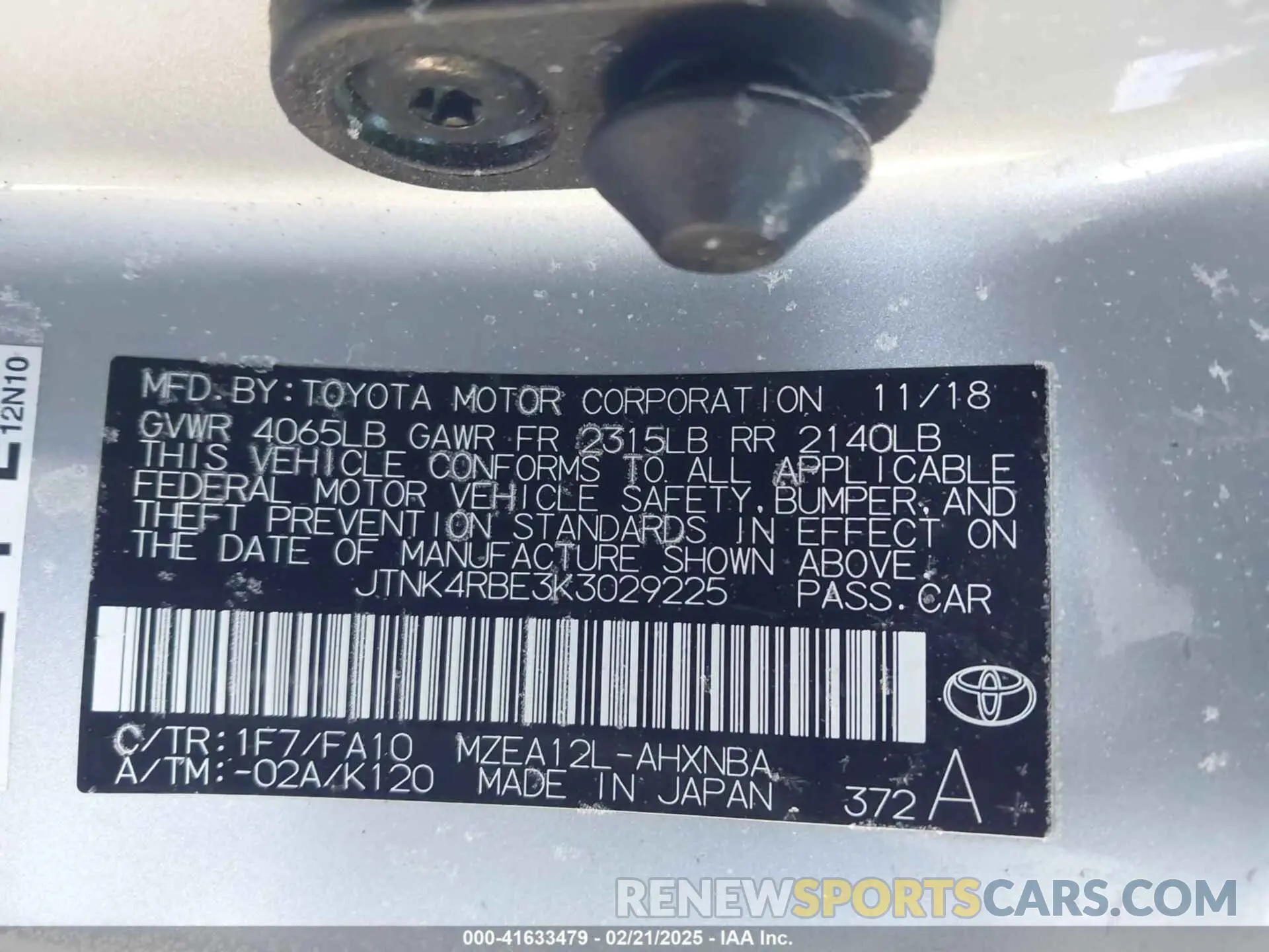9 Photograph of a damaged car JTNK4RBE3K3029225 TOYOTA COROLLA 2019