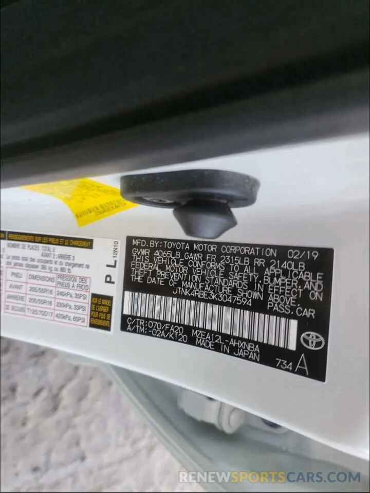 10 Photograph of a damaged car JTNK4RBE3K3047594 TOYOTA COROLLA 2019