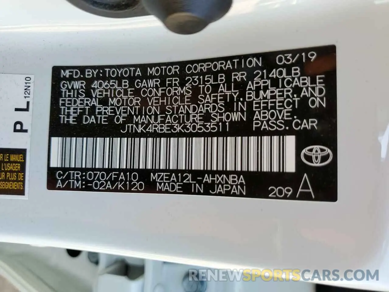 10 Фотография поврежденного автомобиля JTNK4RBE3K3053511 TOYOTA COROLLA 2019