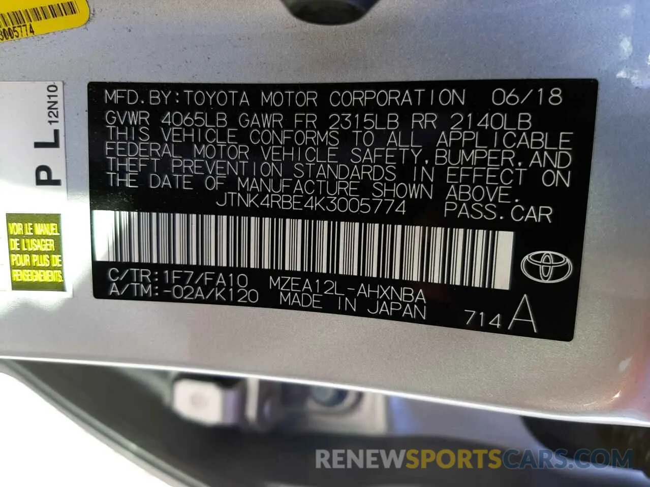 10 Photograph of a damaged car JTNK4RBE4K3005774 TOYOTA COROLLA 2019