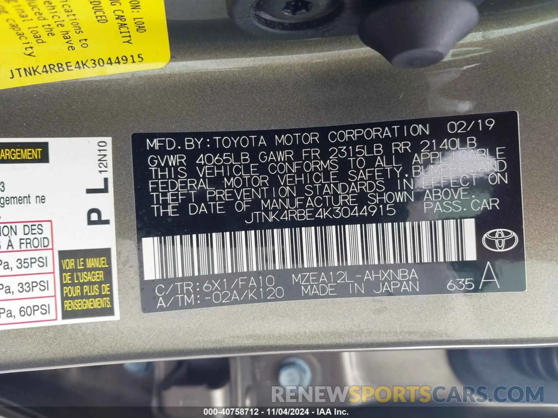 9 Фотография поврежденного автомобиля JTNK4RBE4K3044915 TOYOTA COROLLA 2019