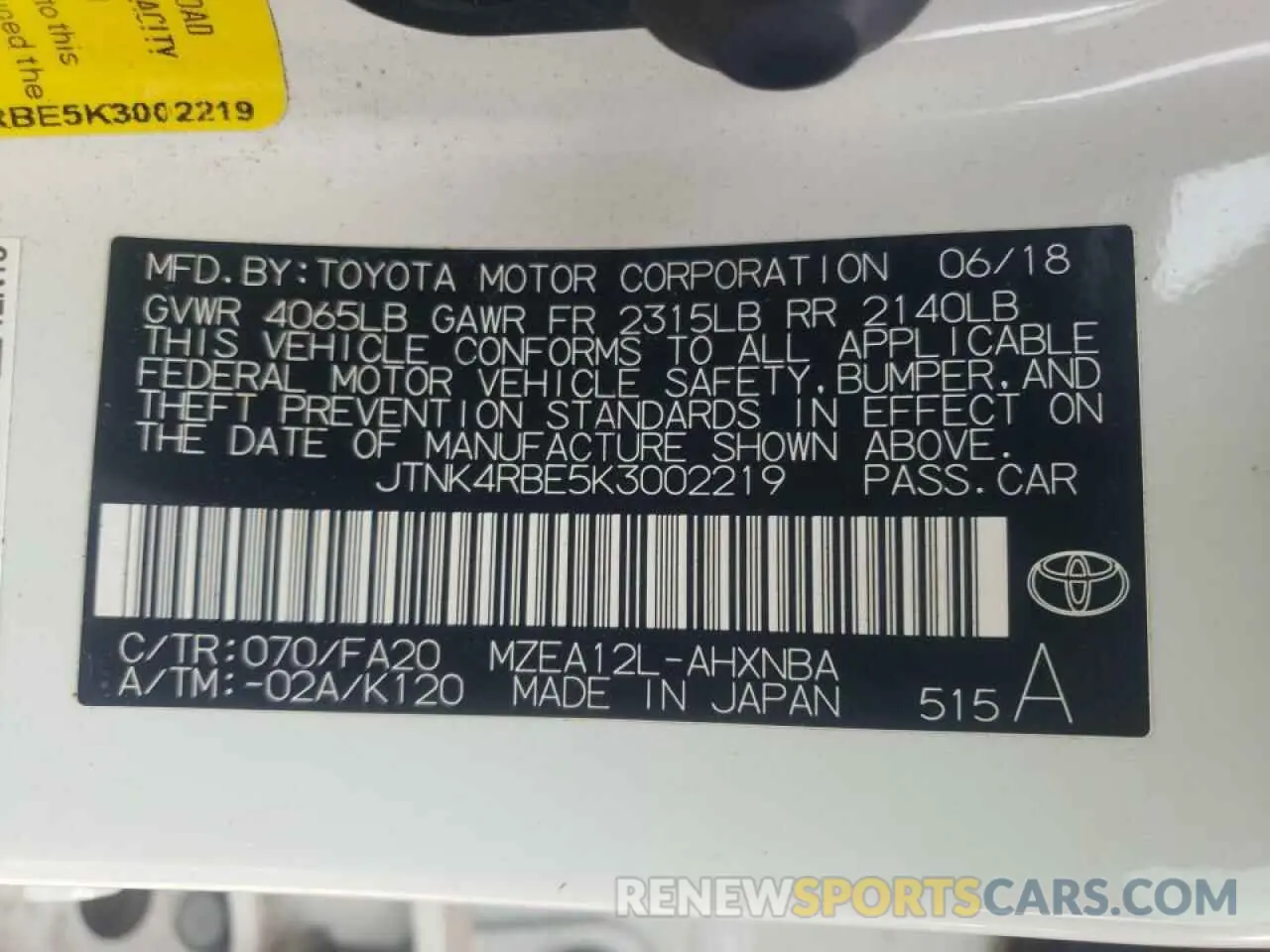 10 Photograph of a damaged car JTNK4RBE5K3002219 TOYOTA COROLLA 2019