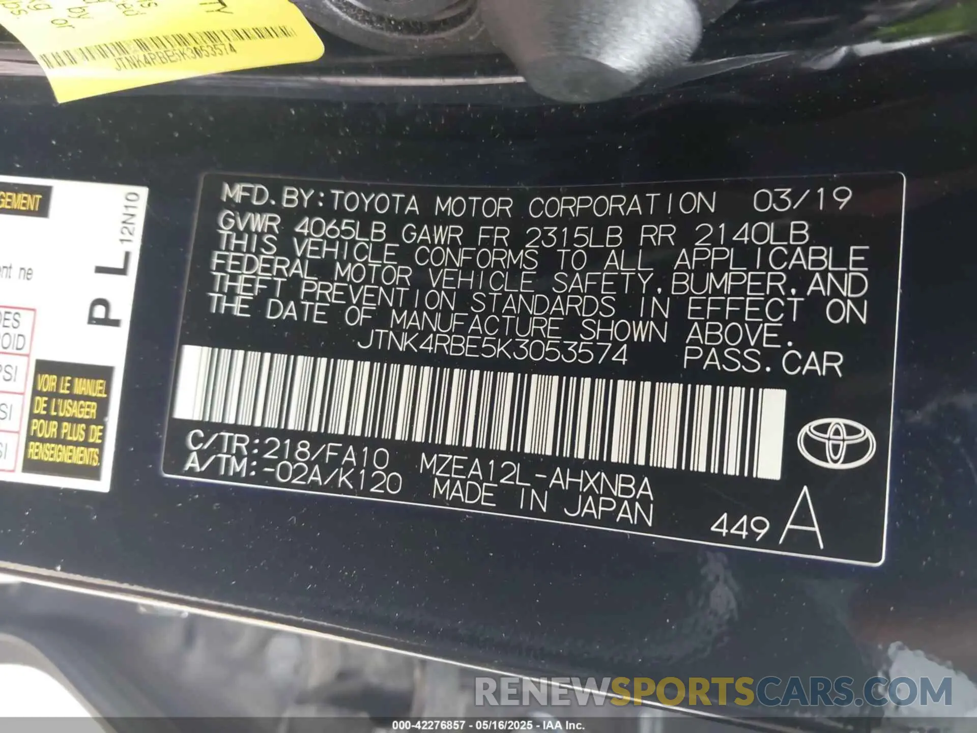 9 Photograph of a damaged car JTNK4RBE5K3053574 TOYOTA COROLLA 2019