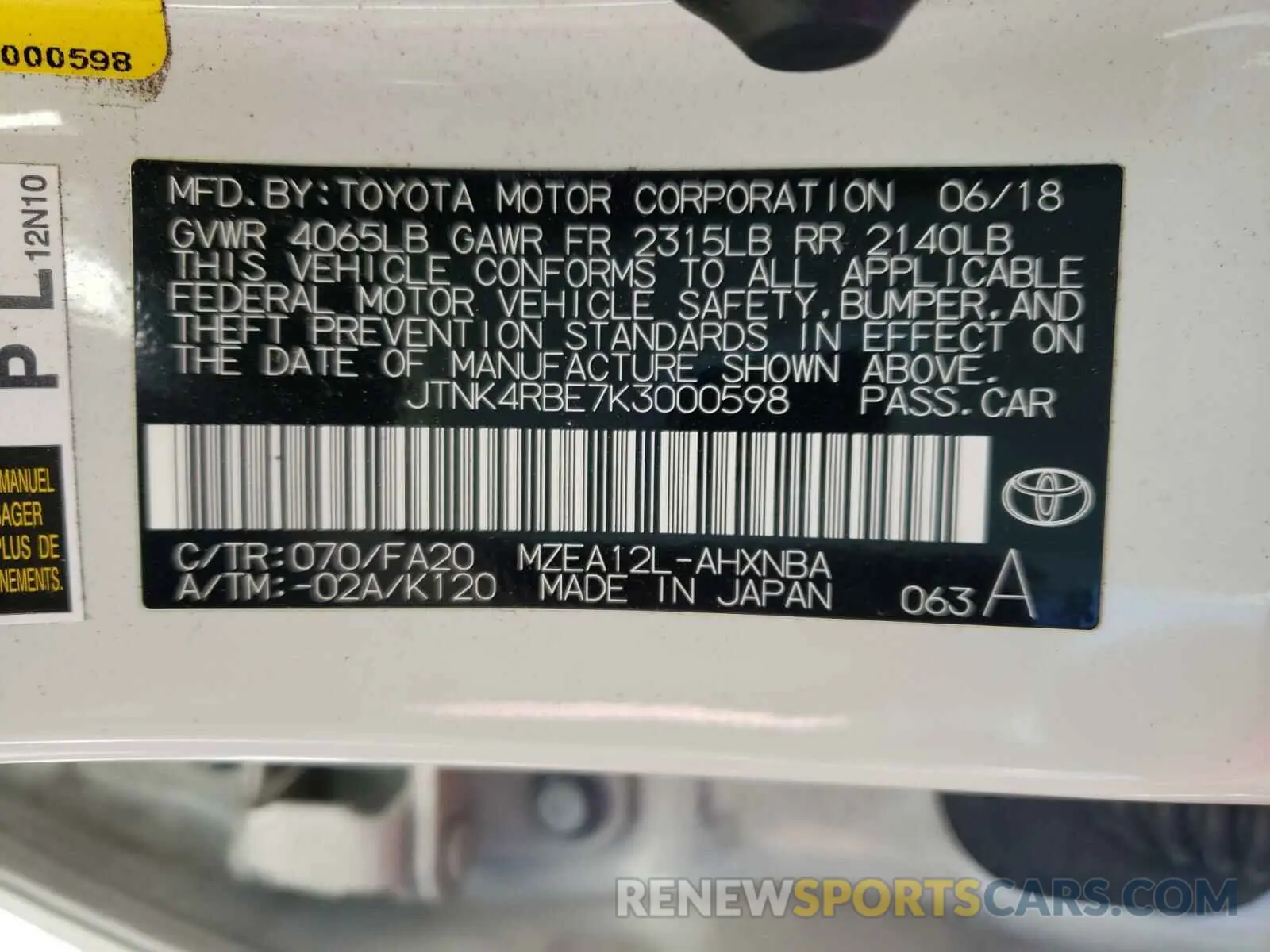 10 Photograph of a damaged car JTNK4RBE7K3000598 TOYOTA COROLLA 2019