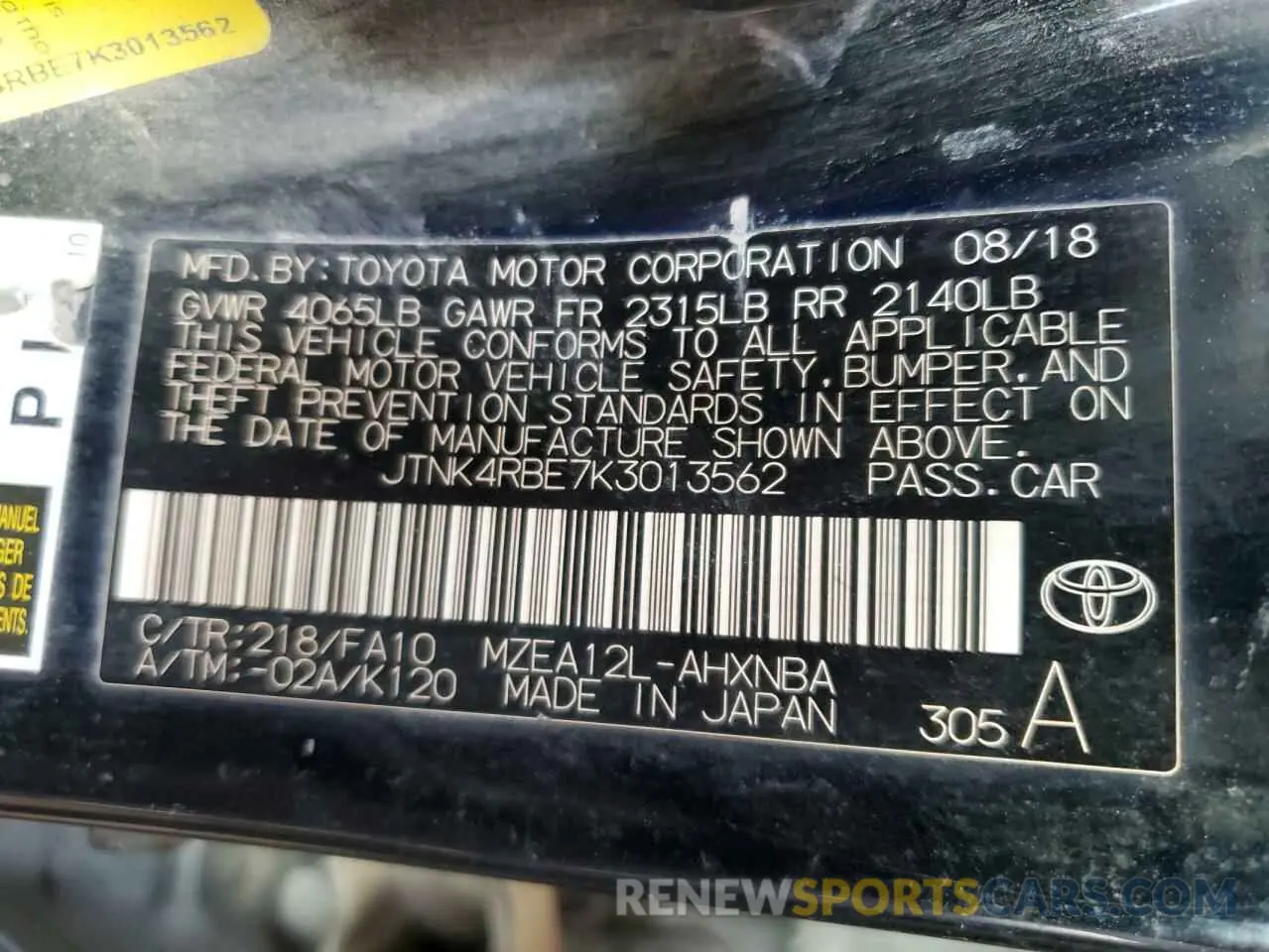 13 Фотография поврежденного автомобиля JTNK4RBE7K3013562 TOYOTA COROLLA 2019