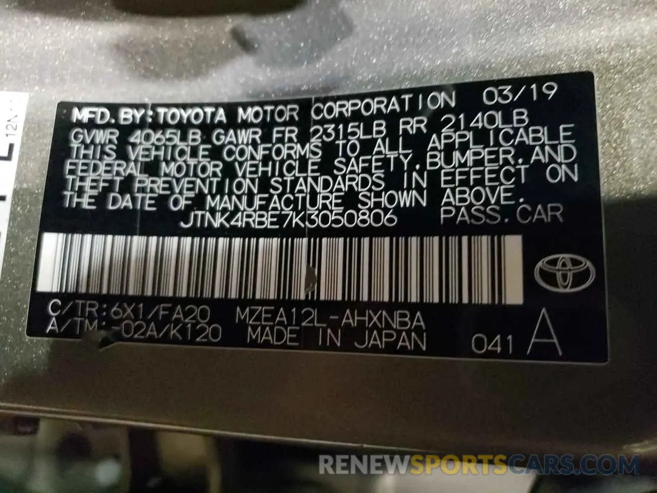13 Фотография поврежденного автомобиля JTNK4RBE7K3050806 TOYOTA COROLLA 2019