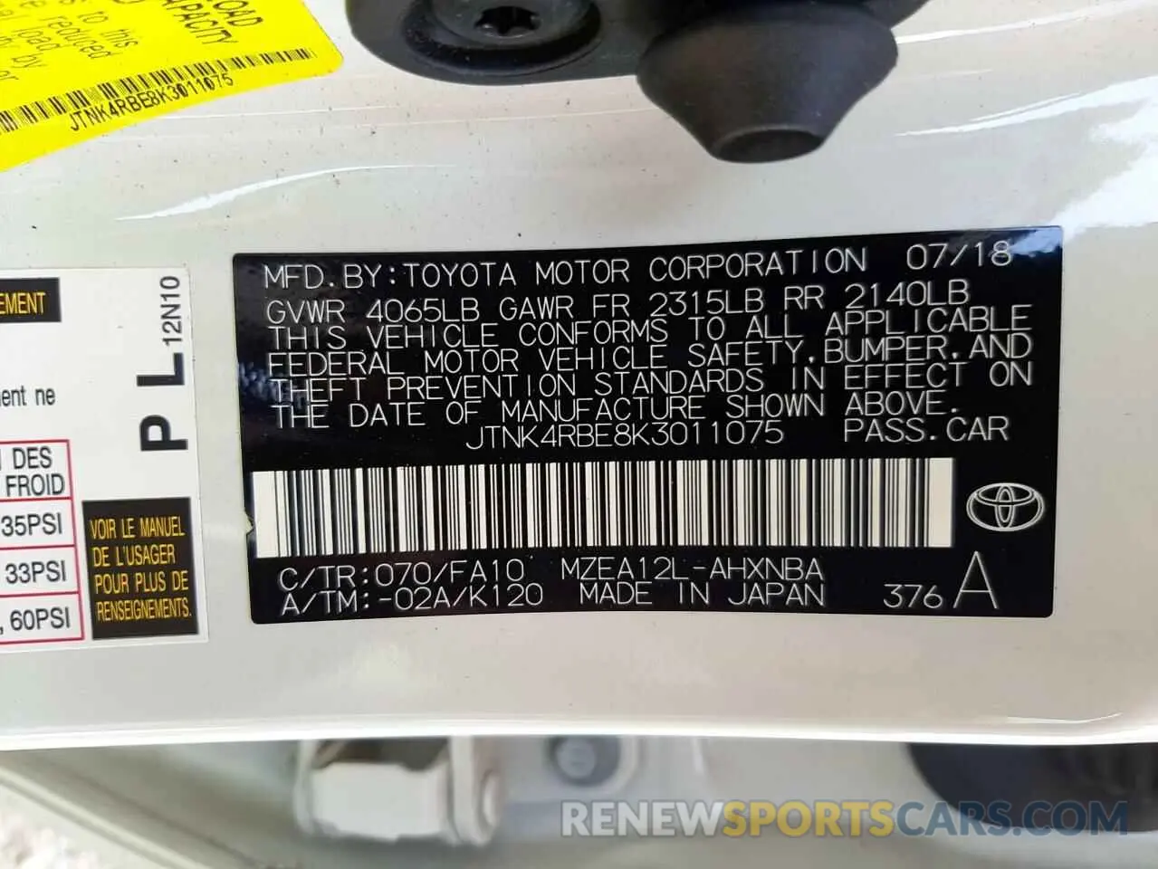 10 Photograph of a damaged car JTNK4RBE8K3011075 TOYOTA COROLLA 2019