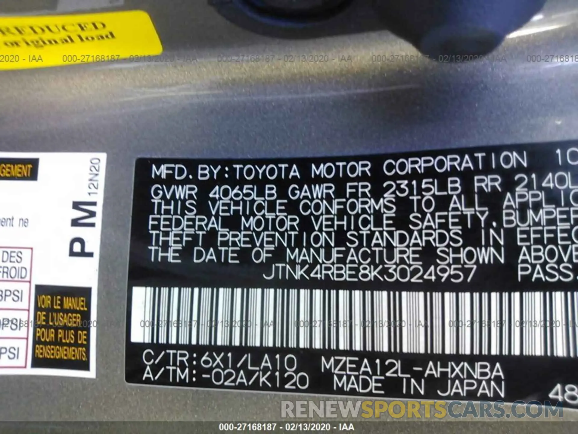 9 Фотография поврежденного автомобиля JTNK4RBE8K3024957 TOYOTA COROLLA 2019