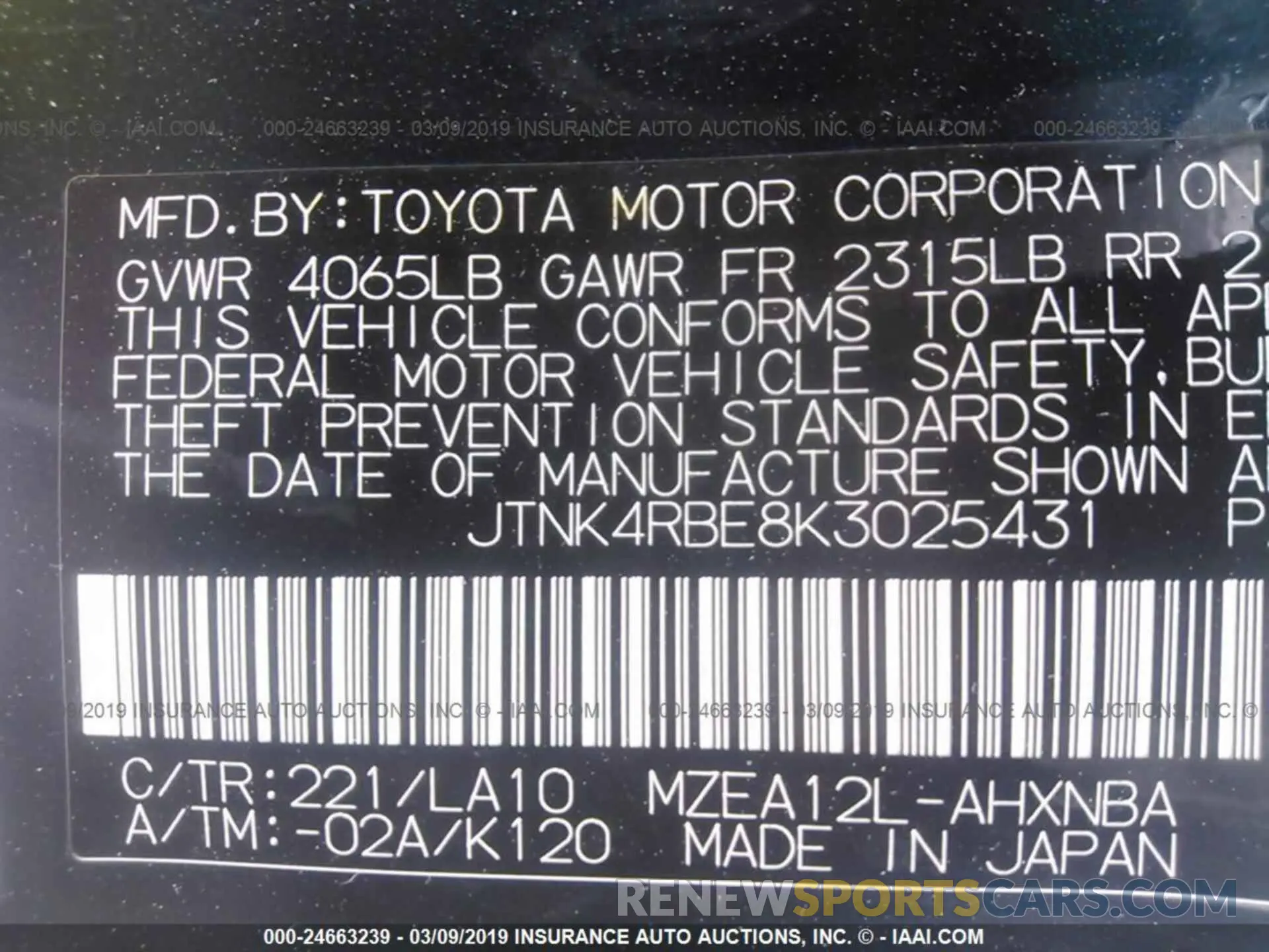 9 Photograph of a damaged car JTNK4RBE8K3025431 TOYOTA COROLLA 2019