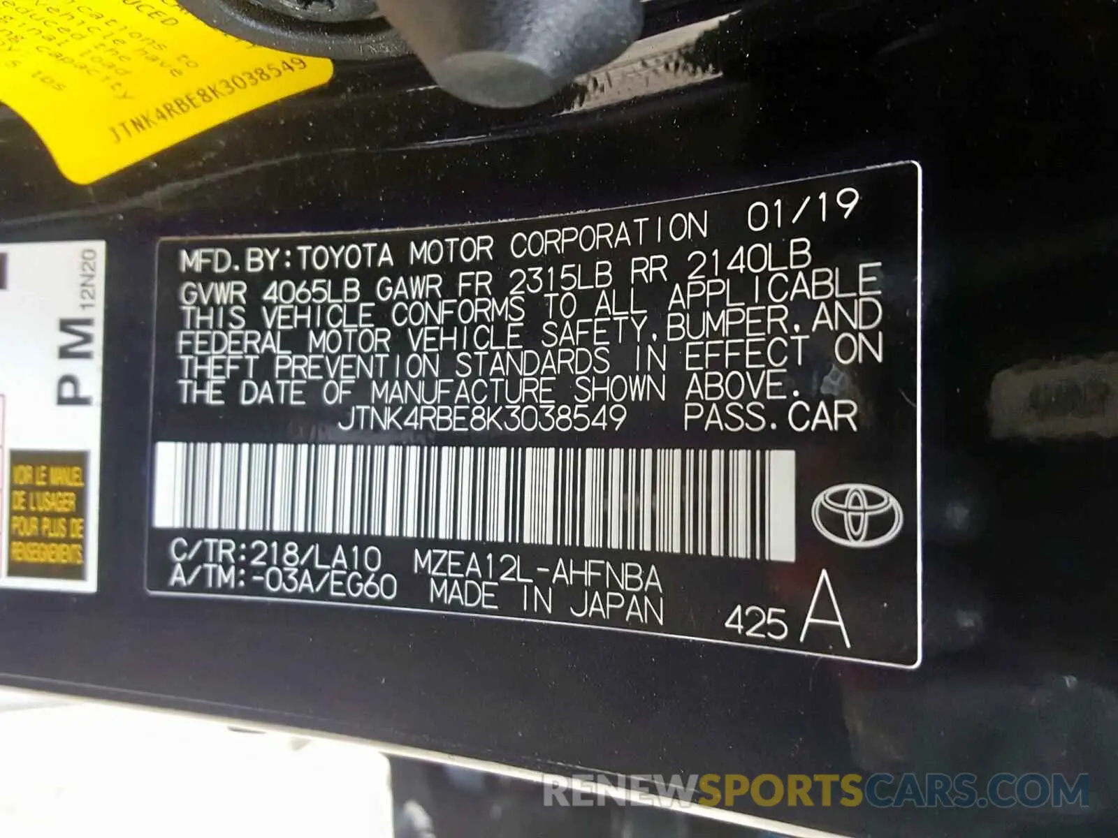 10 Photograph of a damaged car JTNK4RBE8K3038549 TOYOTA COROLLA 2019