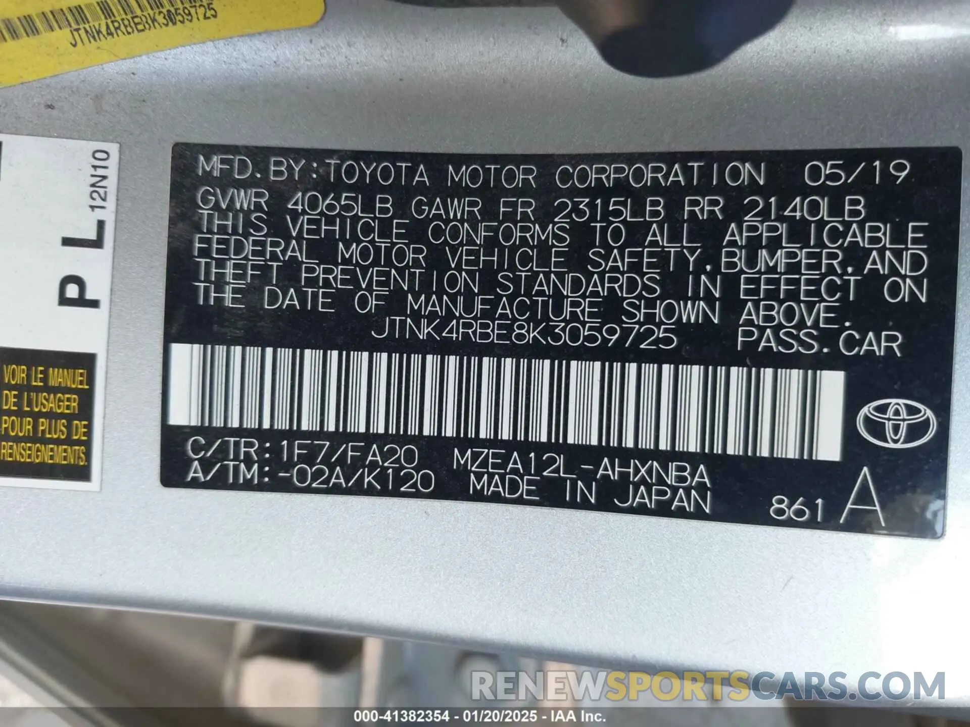 9 Photograph of a damaged car JTNK4RBE8K3059725 TOYOTA COROLLA 2019