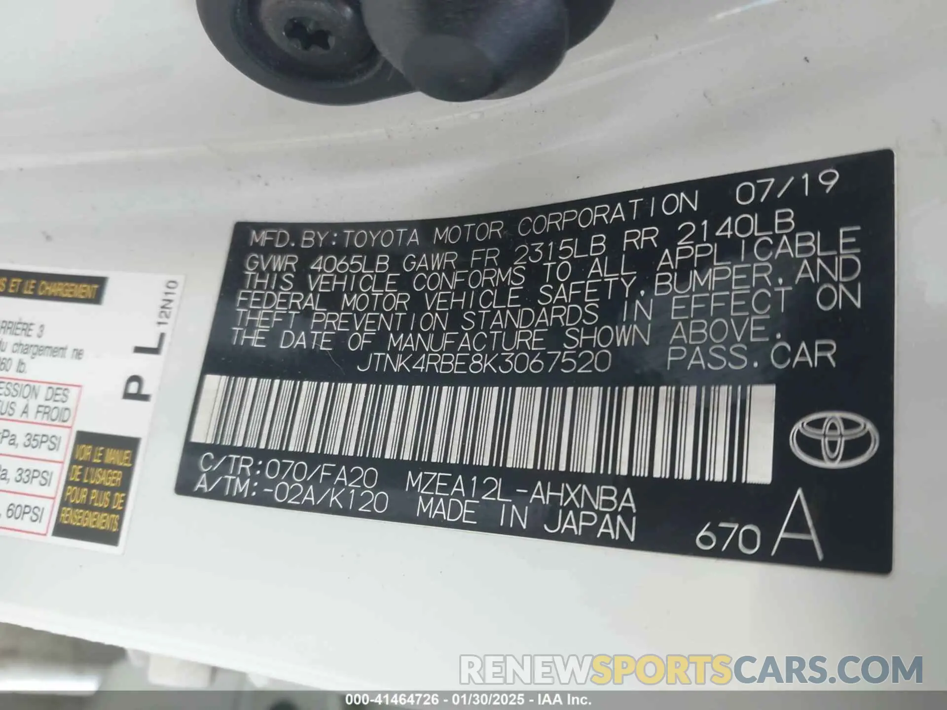 9 Фотография поврежденного автомобиля JTNK4RBE8K3067520 TOYOTA COROLLA 2019