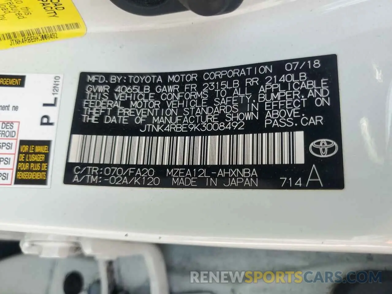 12 Фотография поврежденного автомобиля JTNK4RBE9K3008492 TOYOTA COROLLA 2019